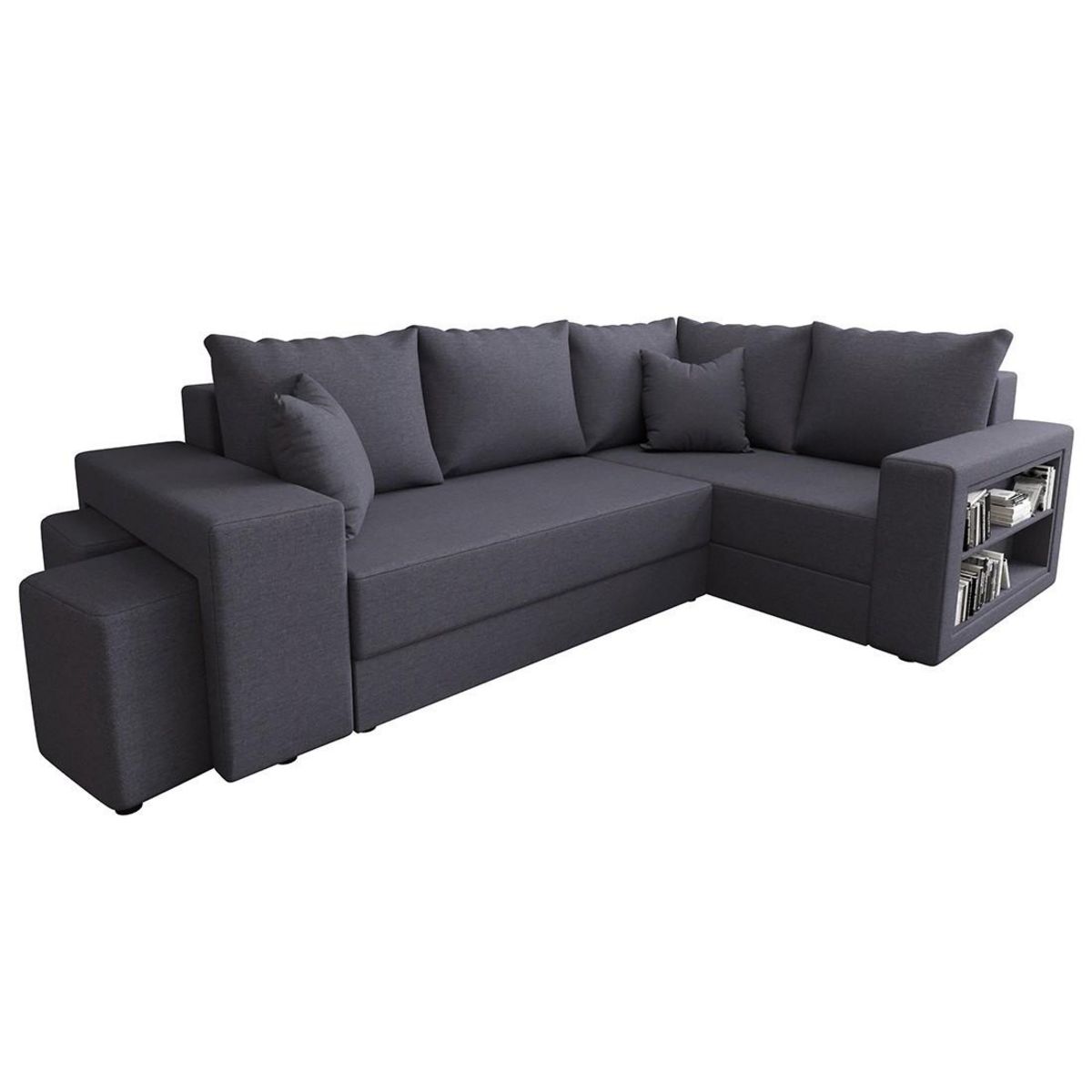 BEST MOBILIER Libbie - canapé d'angle droit 4 places convertible avec coffre, étagère et poufs en tissu