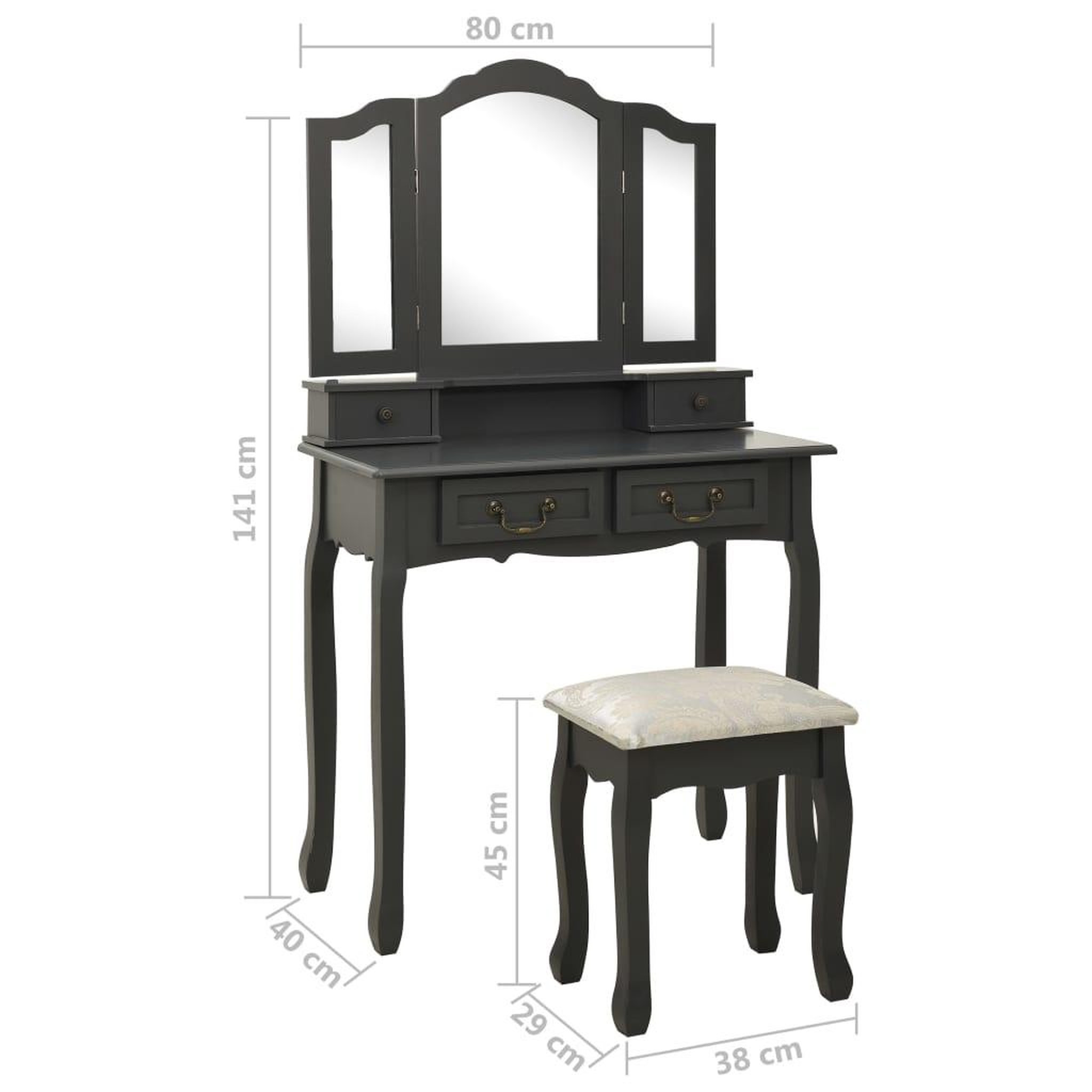 Voir la diapositive 6 : VIDAXL Ensemble de coiffeuse avec tabouret Gris 80x69x141 cm Paulownia