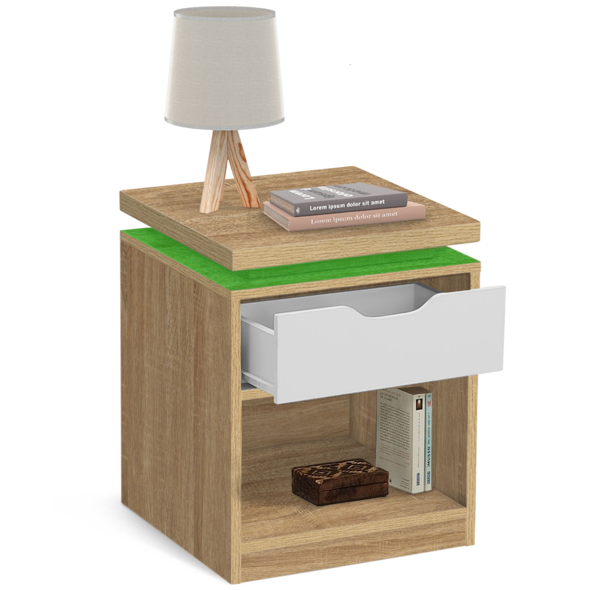 Voir la diapositive 4 : ID MARKET Lot de 2 tables de chevet luna à leds 1 tiroir avec niche hêtre et blanc