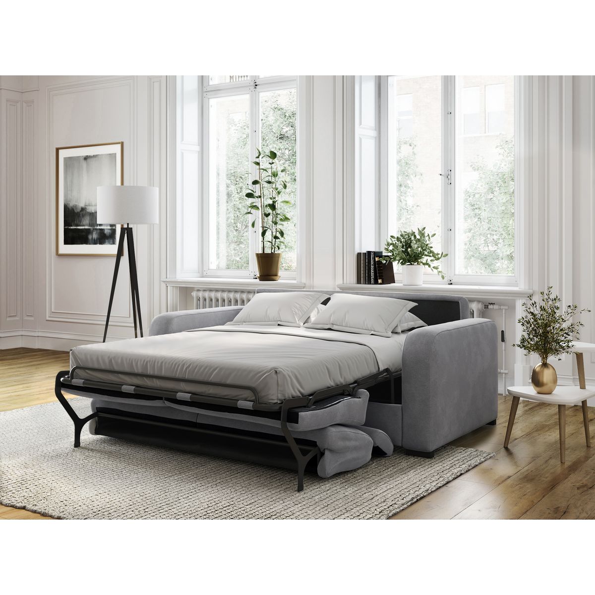 Canapé système couchage rapide 3 places en tissu gris clair CAROLE
