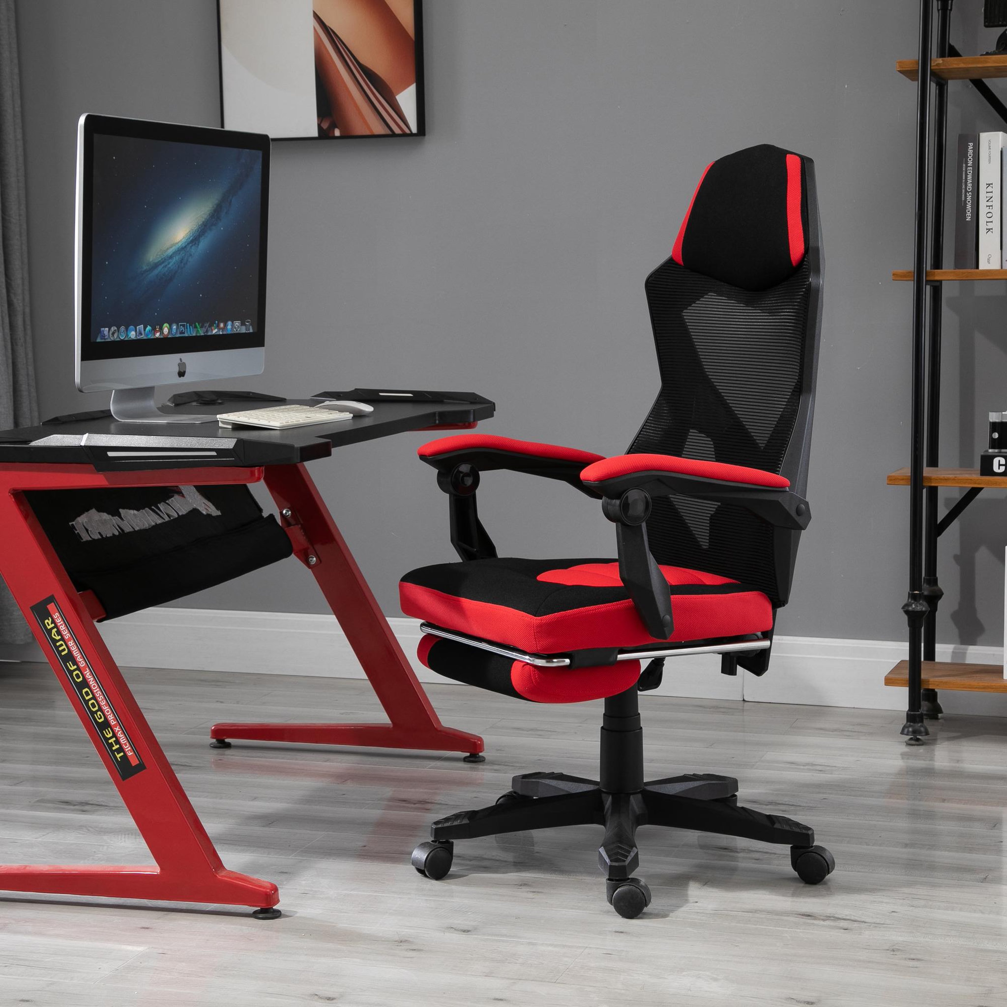 Voir la diapositive 2 : HOMCOM Fauteuil gaming chaise gamer dossier et hauteur réglable roulettes pivotantes repose-pied tissu maille rouge noir