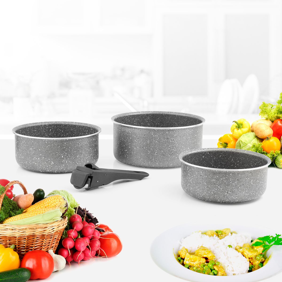 Set de 3 casseroles 16/18/20 cm + poignée amovible