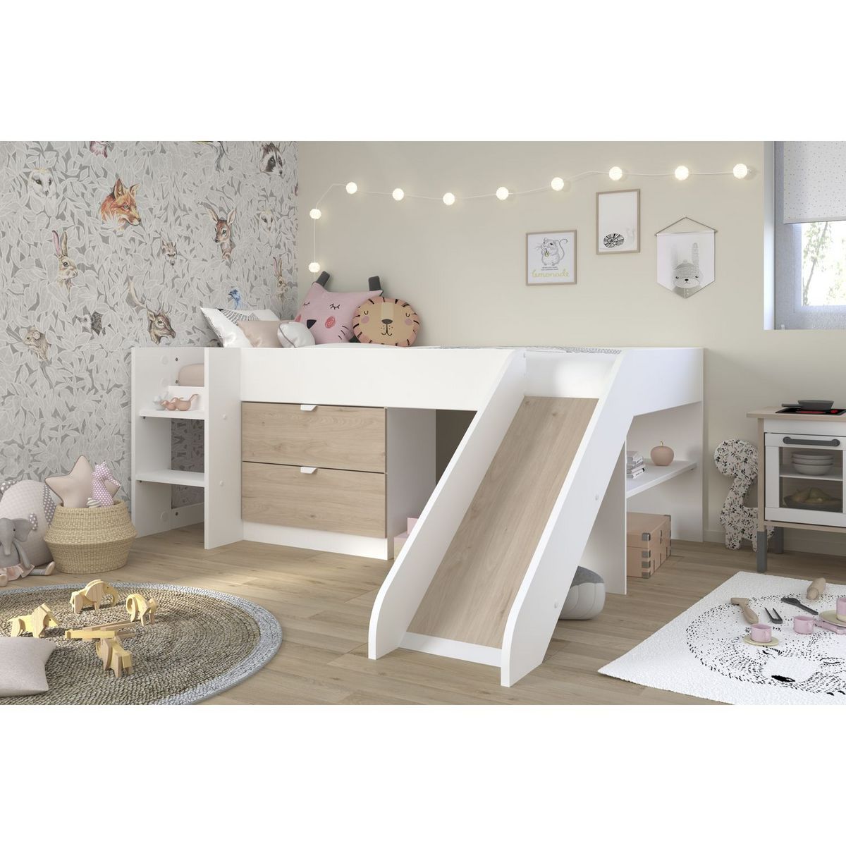 Lit enfant mi hauteur 90x200cm avec rangement et toboggan TIBO