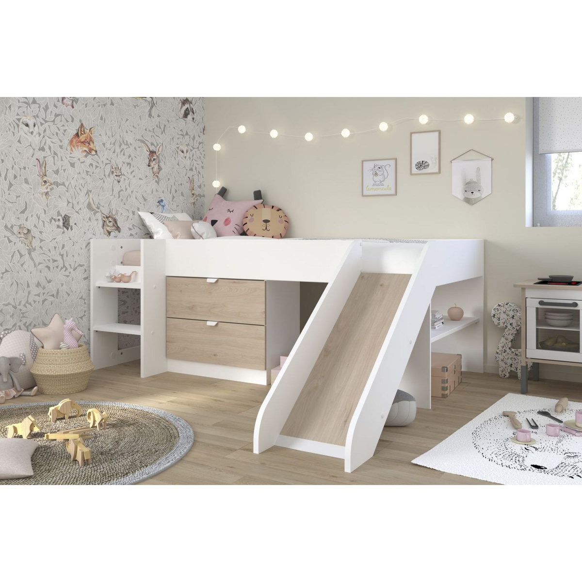 Lit enfant mi hauteur 90x200cm avec rangement et toboggan TIBO