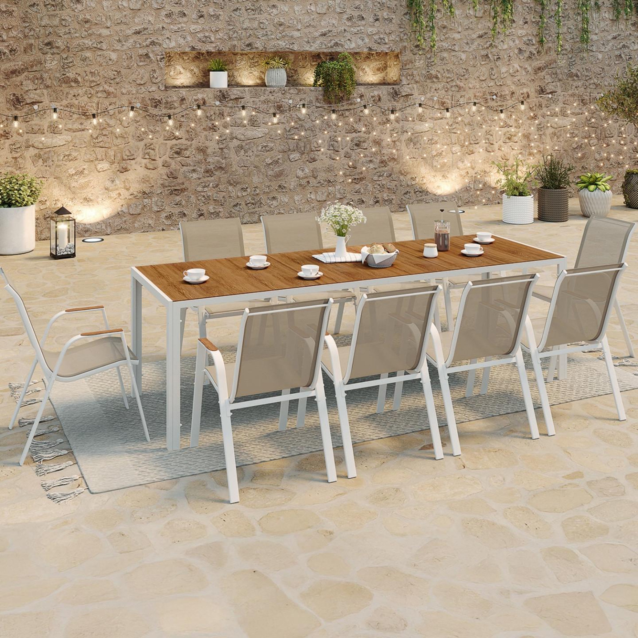 Voir la diapositive 2 : ID MARKET Salon de jardin noumea table 240 cm plateau verre trempé effet bois et 10 chaises empilables blanc et bois