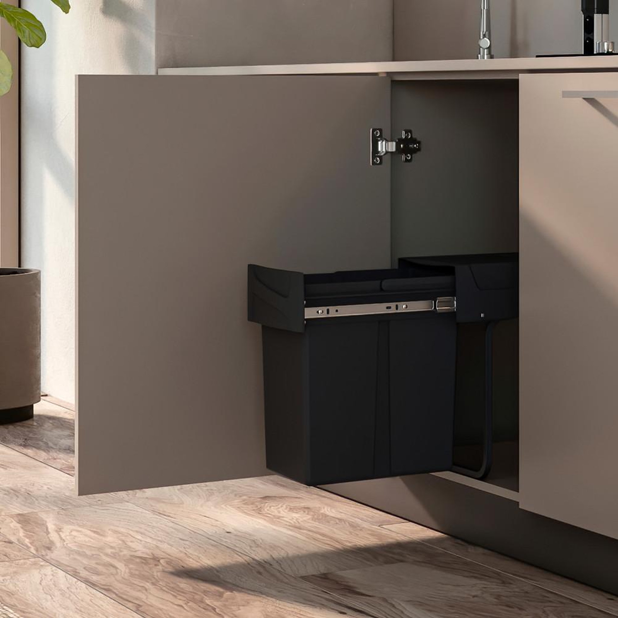 Voir la diapositive 2 : EMUCA SRL Emuca recycle bac de recyclage sous plan 2 compartiments 20 l, extraction manuelle, montage inférieur, noir acier et plastique
