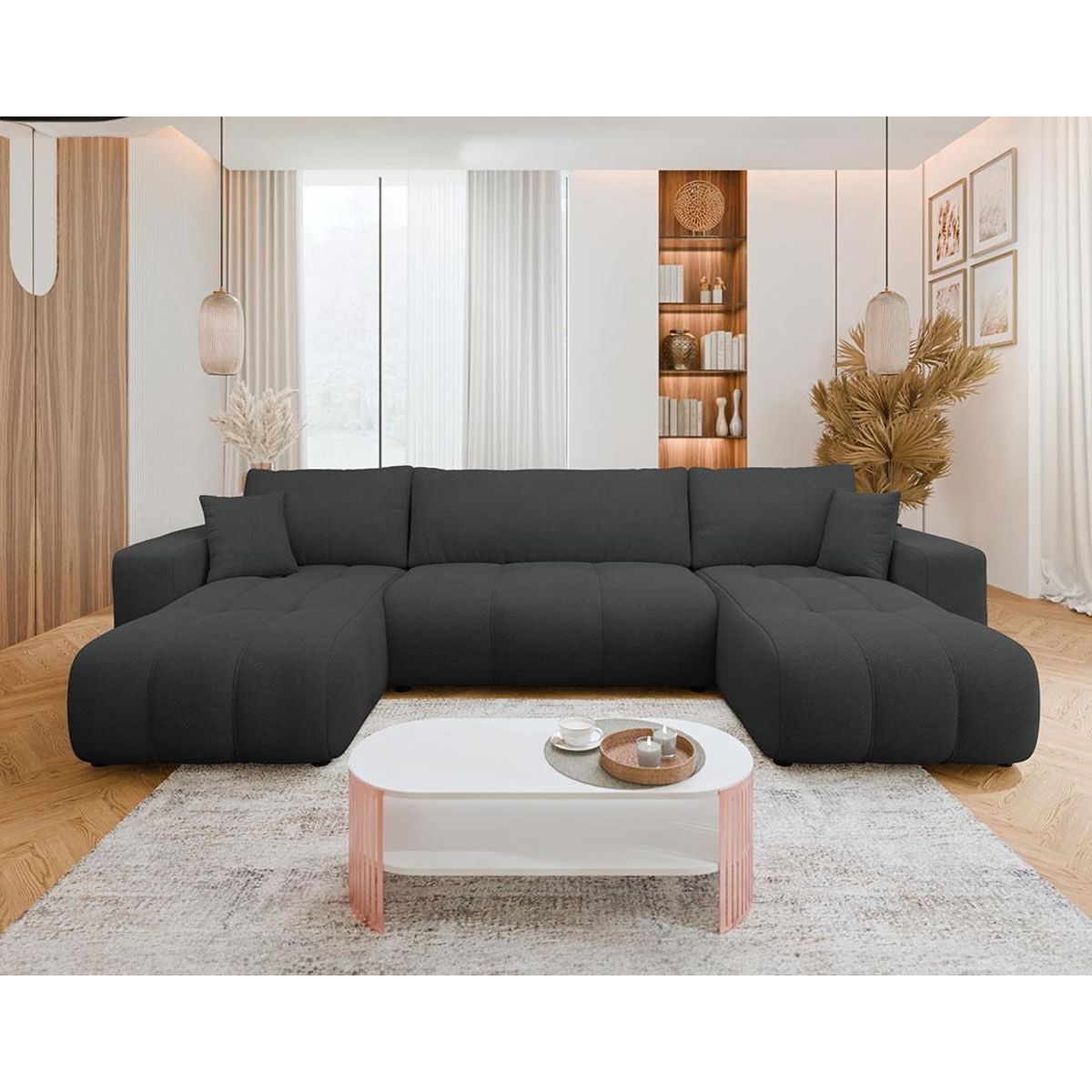 BEST MOBILIER Nicole - canapé panoramique en u 7 places convertible avec coffre en tissu