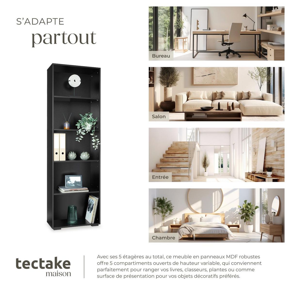 tectake Bibliothèque moderne et fonctionnelle en MDF solide noir