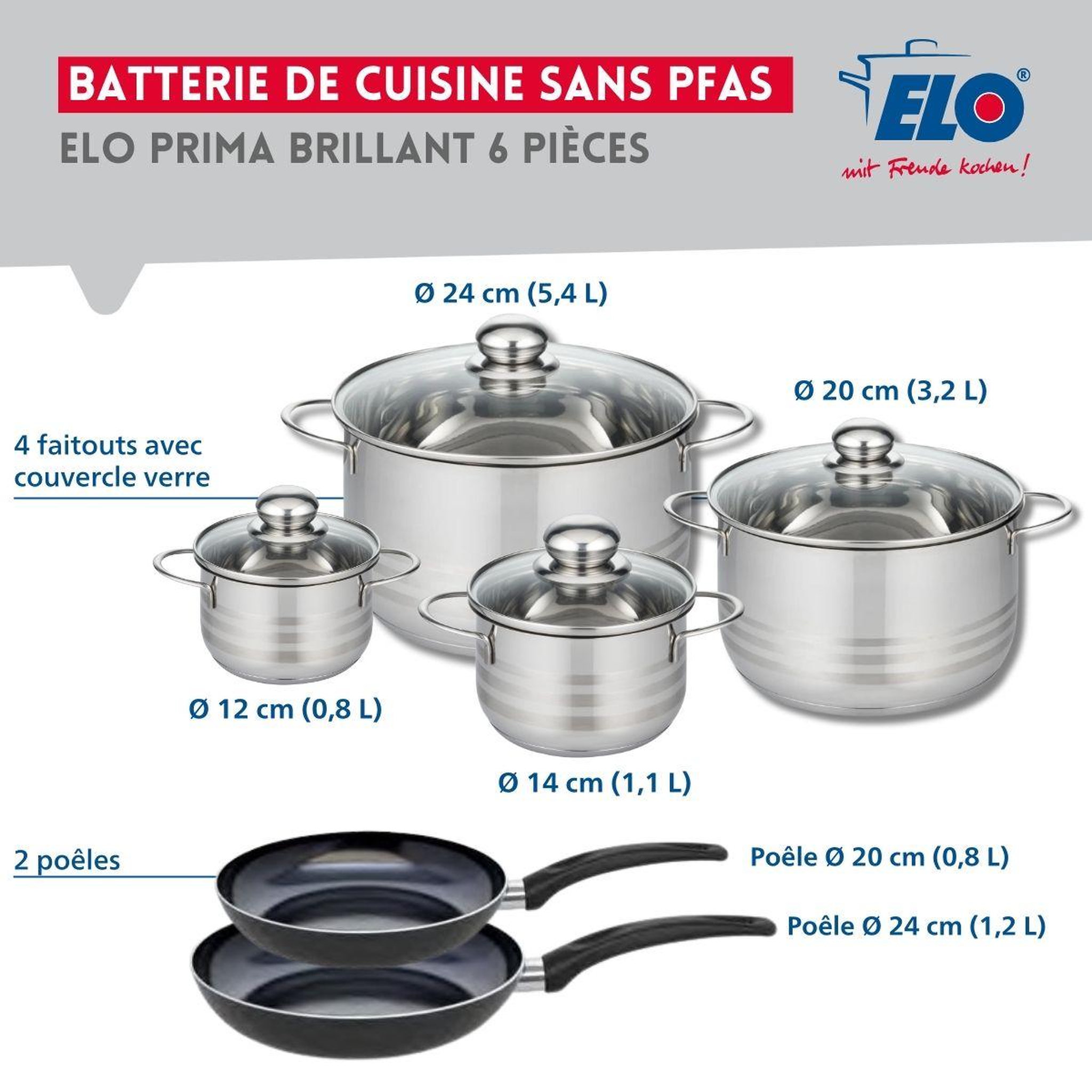 Voir la diapositive 2 : ELO Ensemble de 2 poêles de cuisson 20 et 24 cm et 4 faitouts 12, 14, 20 et 24 cm elo prima brillant