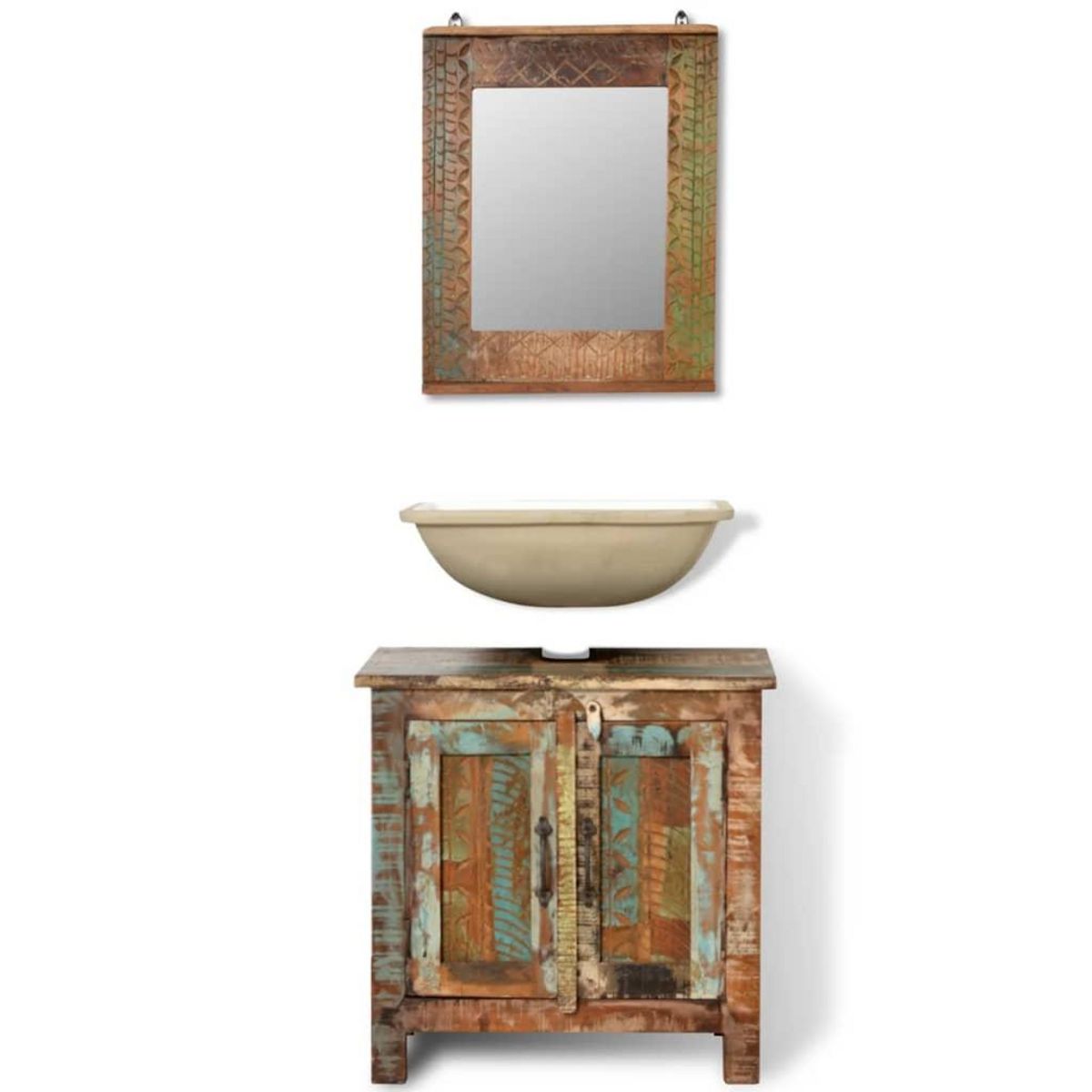 VIDAXL Ensemble meuble sous vasque et miroir en bois massif recycle