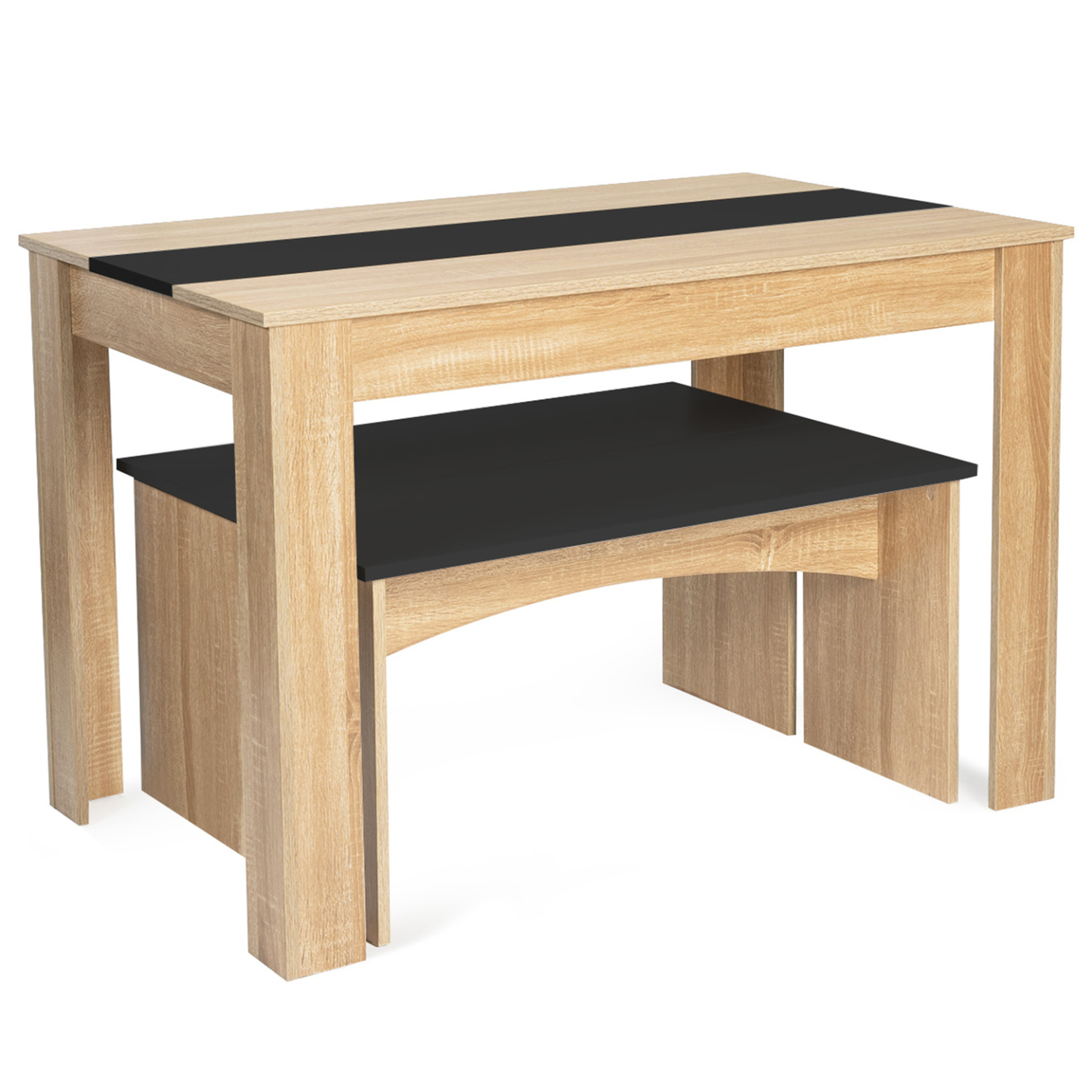 Voir la diapositive 5 : ID MARKET Ensemble table à manger et 2 bancs rozy 4 personnes façon hêtre et noir 110 cm