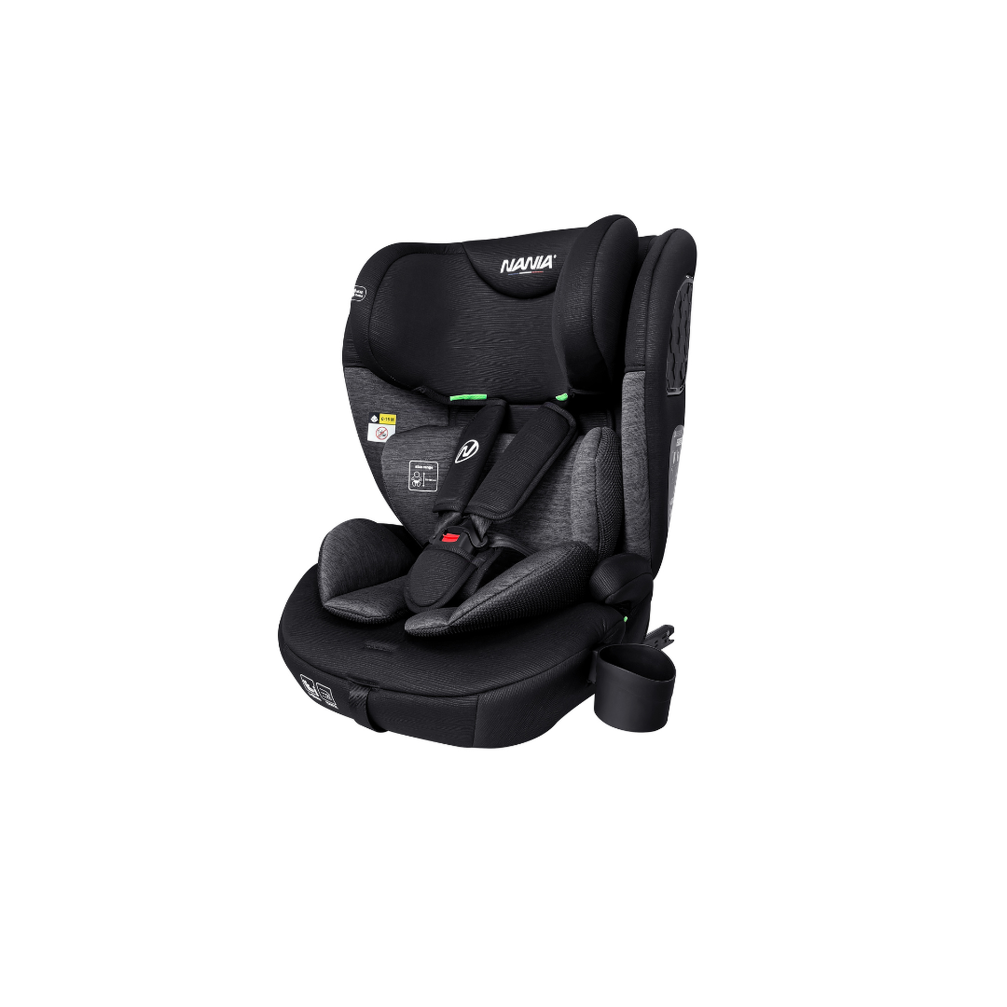 NANIA Nania Siège auto bébé ISOFIX Milano évolutif 76-150 cm, 15 mois à 12 ans, Têtière ajustable 12 niveaux de réglages, Protections latérales, Harnais de sécurité 5 points, Housse amovible et lavable - Porte gobelet
