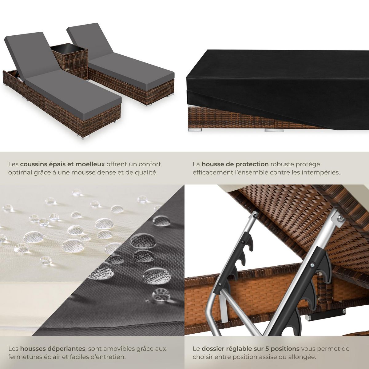 tectake Lot de 2 bains de soleil design luxueux avec cadre en aluminium marron