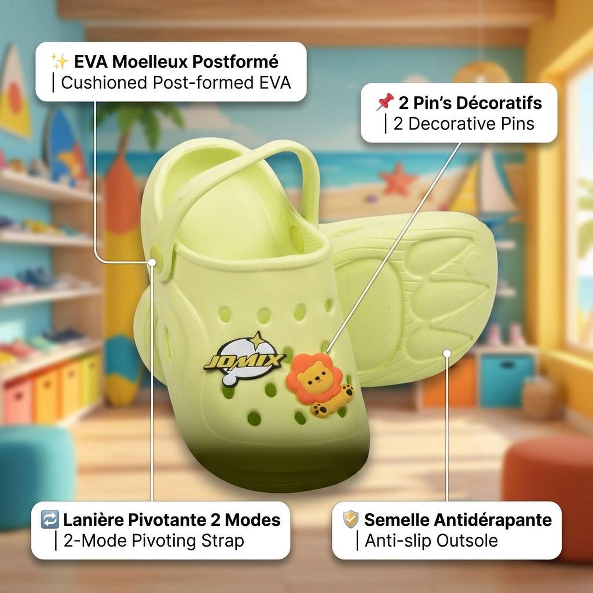 Voir la diapositive 4 : OZABI OZABI Sabot Enfant EVA Moelleux - 2 Pin's Décoratifs - Lanière Pivotante