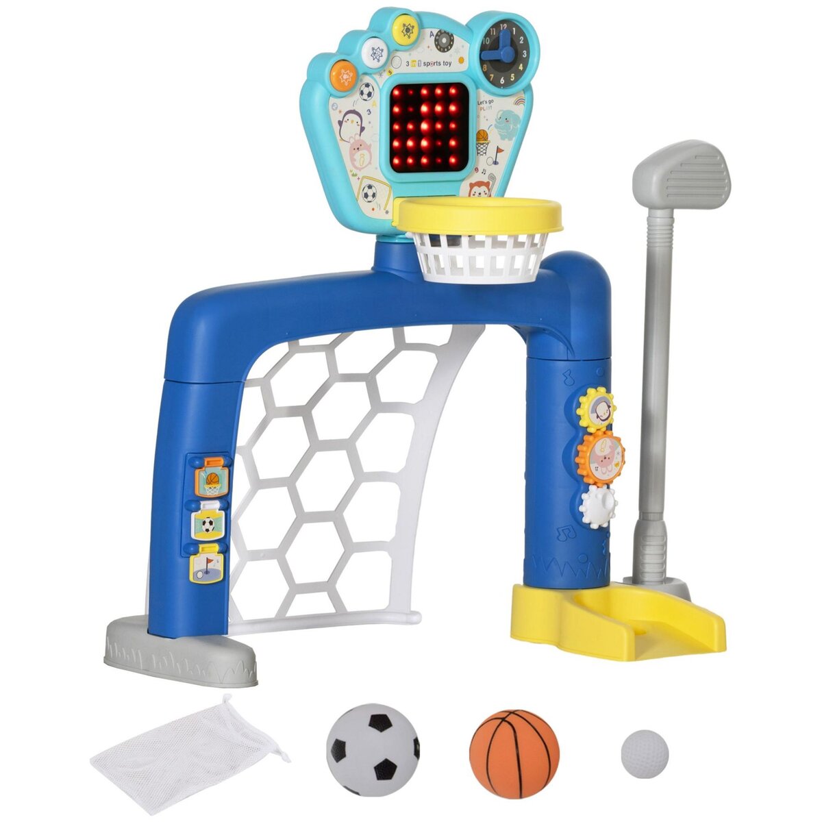 HOMCOM Jeux sportifs 3 en 1 enfant 18-48 mois - foot, basket, golf - effets lumineux sonores bleu