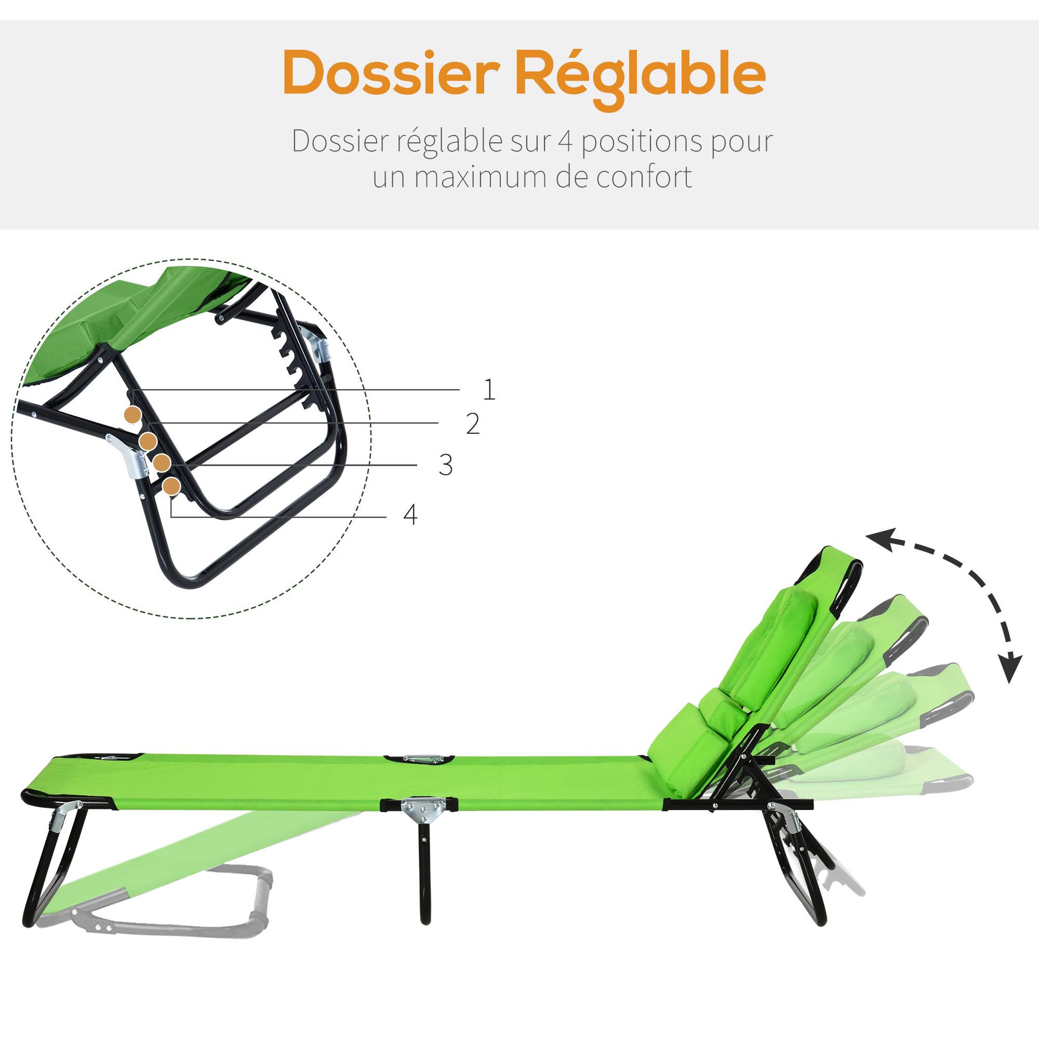 Voir la diapositive 5 : OUTSUNNY Bain de soleil pliable transat inclinable 4 positions chaise longue de lecture 3 coussins fournis vert