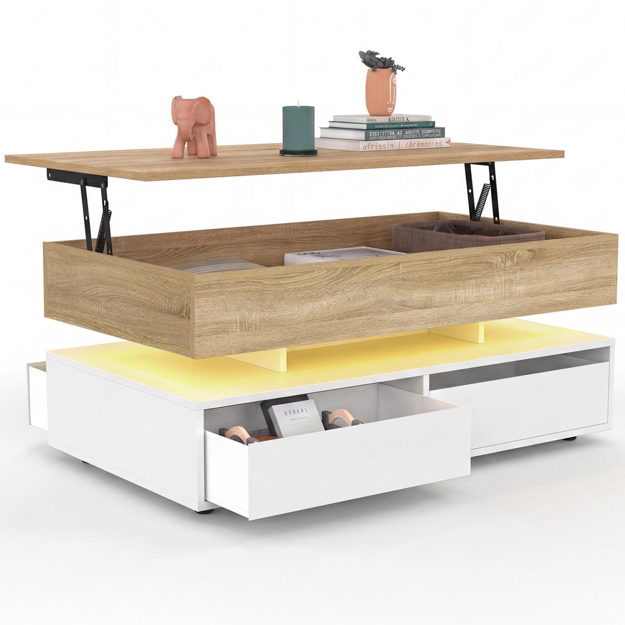 ID MARKET Table basse plateau relevable rectangulaire elsa 90 cm 4 tiroirs avec led en bois blanc et plateau façon hêtre