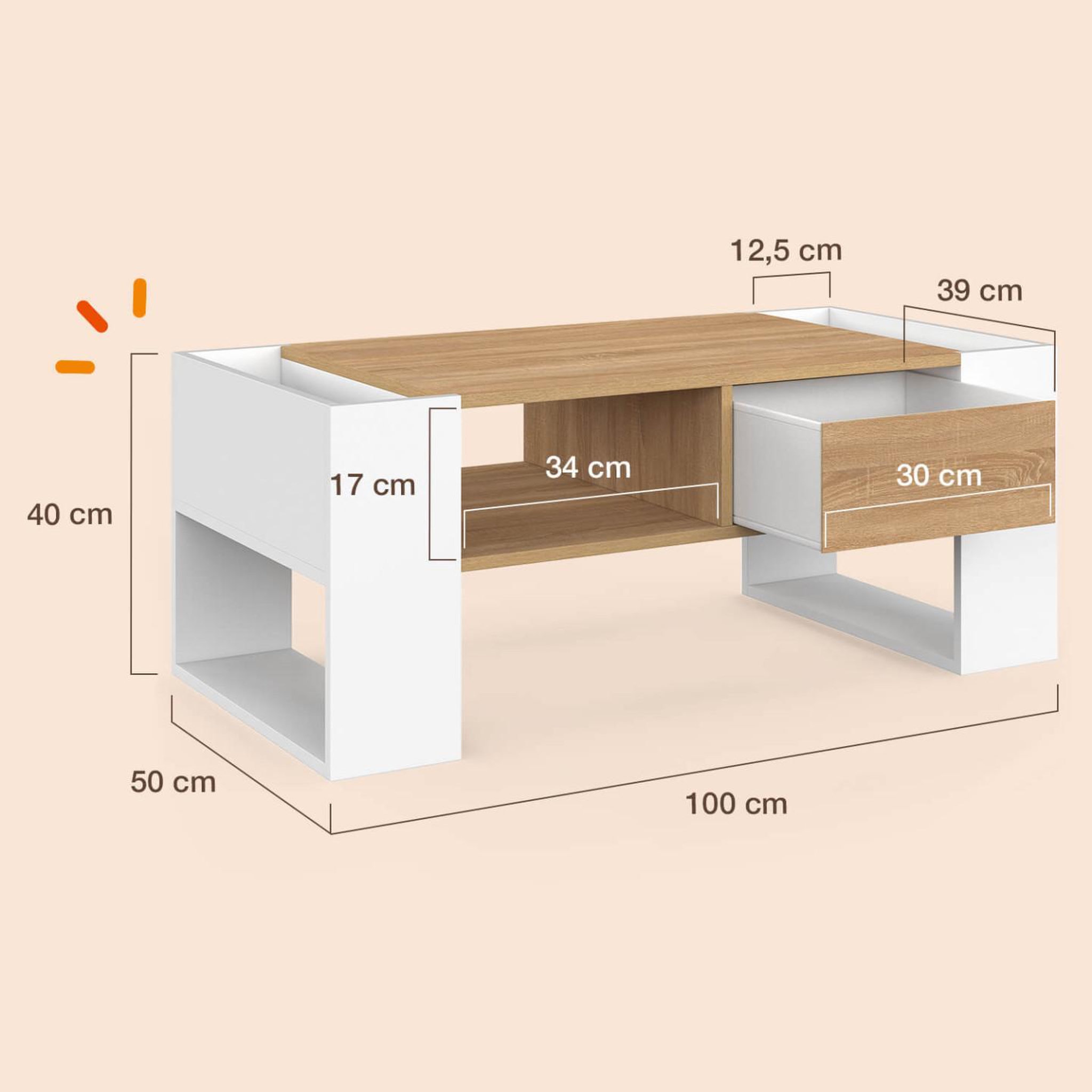 Voir la diapositive 5 : ID MARKET Table basse rectangulaire beryl avec tiroir bois blanc et façon hêtre