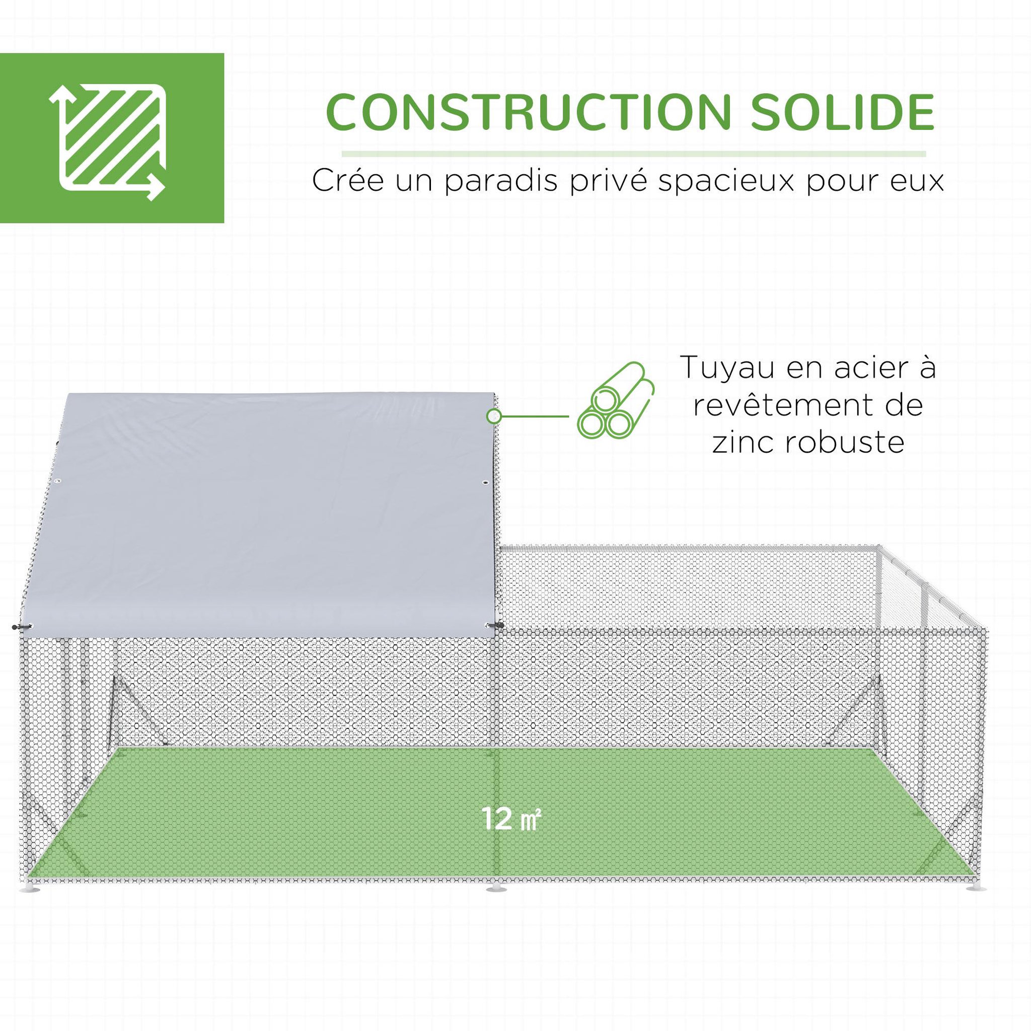 Voir la diapositive 4 : PAWHUT Enclos poulailler chenil 12 m² - parc grillagé dim 4L x 3l x 1,95H m - espace couvert - acier galvanisé
