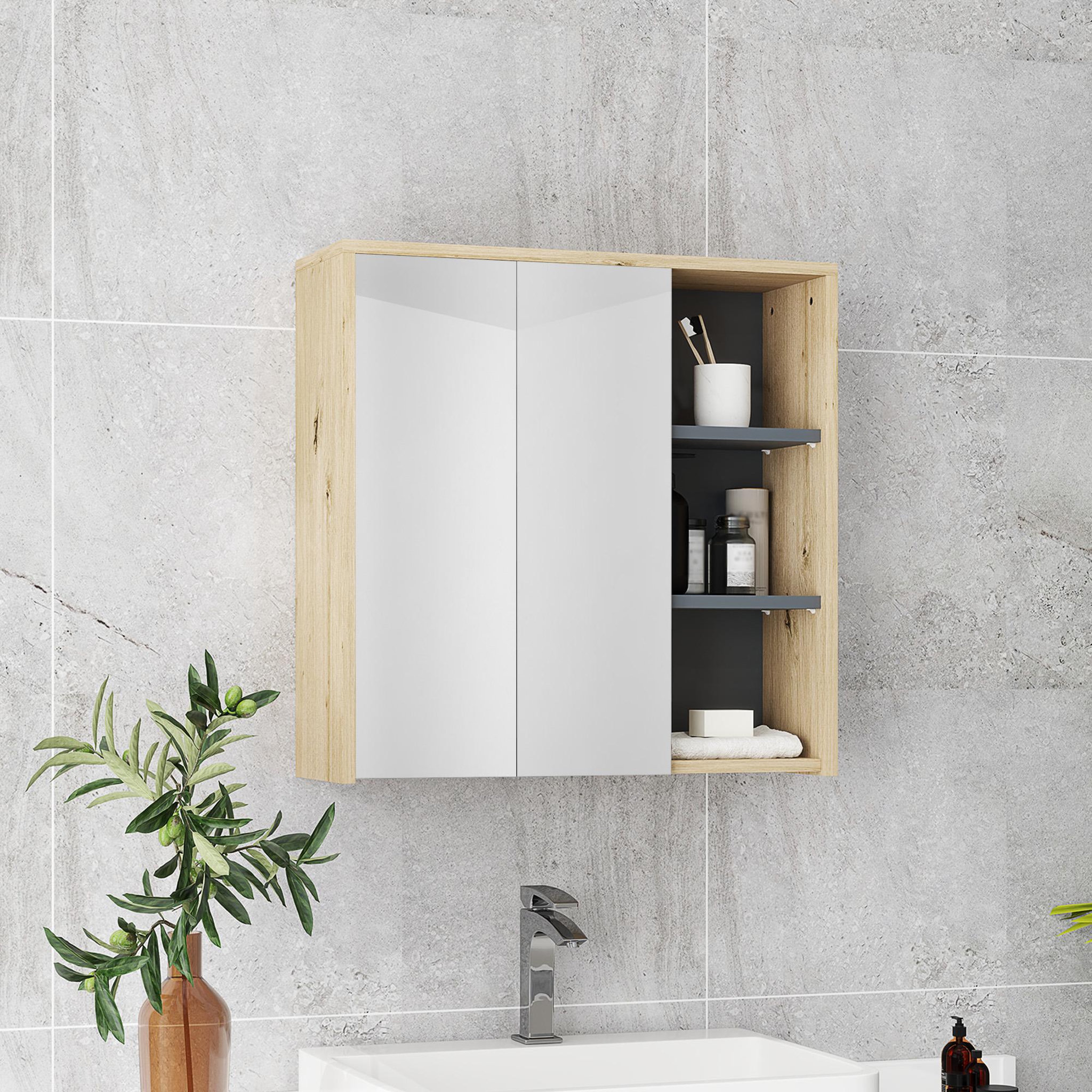 Voir la diapositive 4 : HOMCOM Armoire miroir de salle de bain - 2 portes, étagère, 3 niches - dim. 60 x 20 x 60 cm - effet bois clair naturel