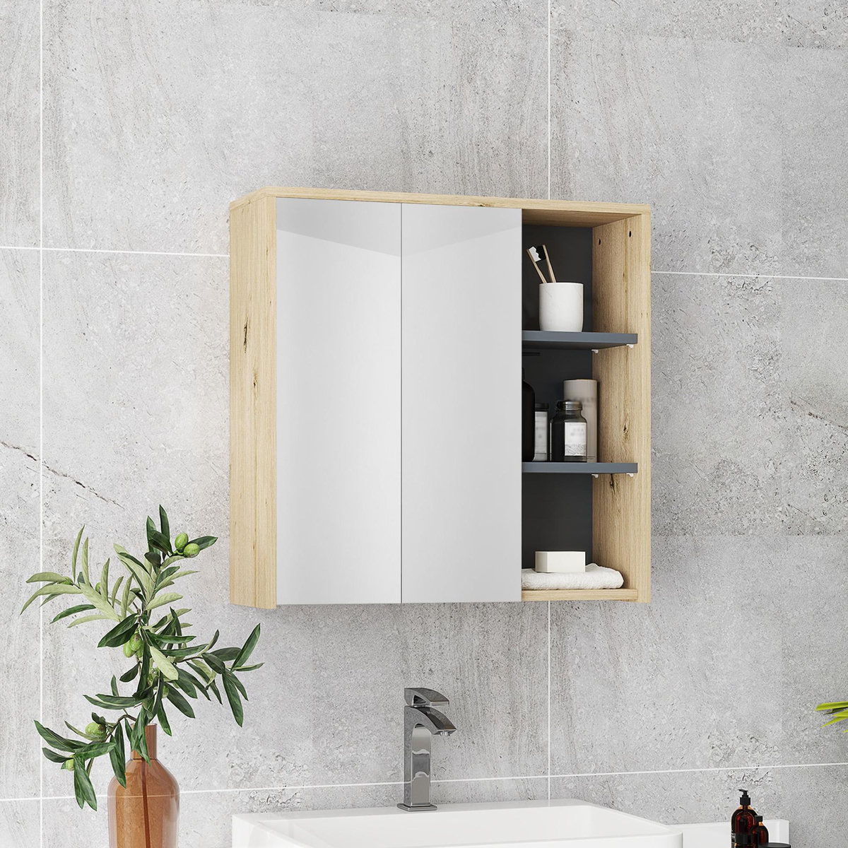 HOMCOM Armoire miroir de salle de bain - 2 portes, étagère, 3 niches - dim. 60 x 20 x 60 cm - effet bois clair naturel
