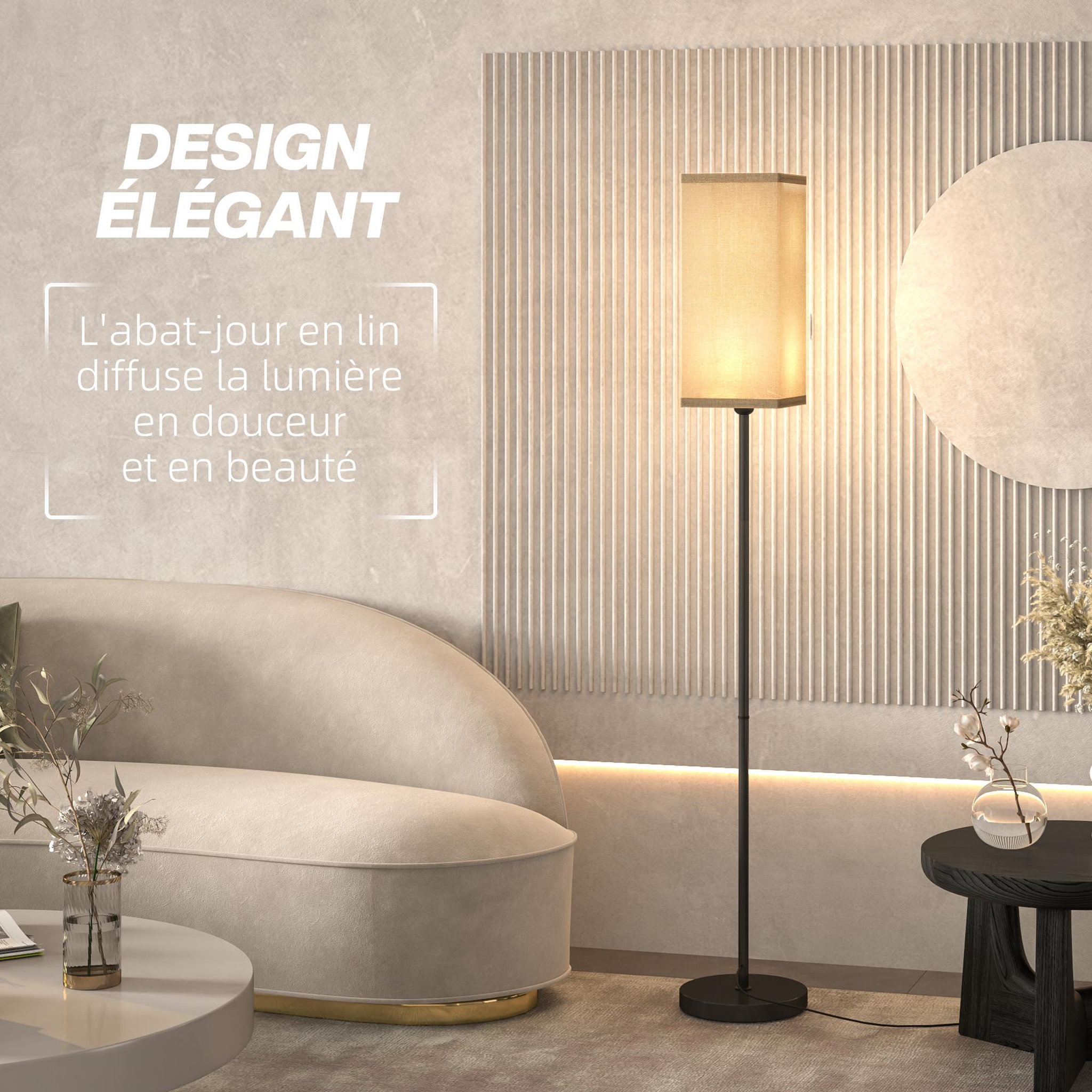 Voir la diapositive 4 : HOMCOM Lampadaire droit style contemporain h.161 cm métal noir abat-jour beige effet lin