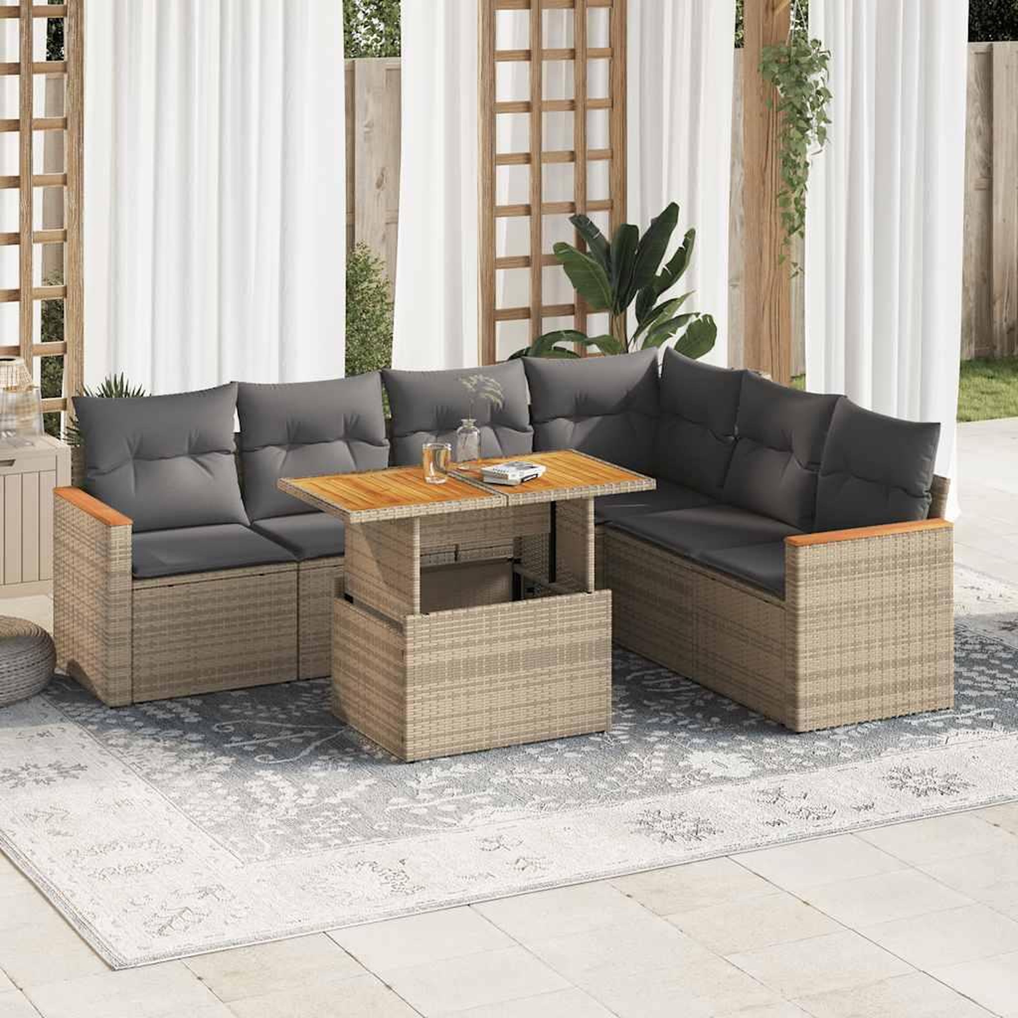 VIDAXL Salon de jardin avec coussins 7 pcs beige resine tressee acacia