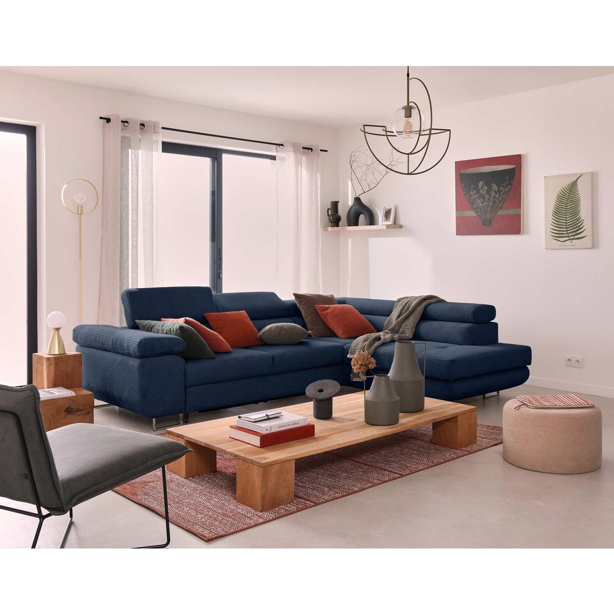 BEST MOBILIER Zaria - canapé d'angle droit - convertible avec coffre et têtières réglables - 5 places - en velours côtelé