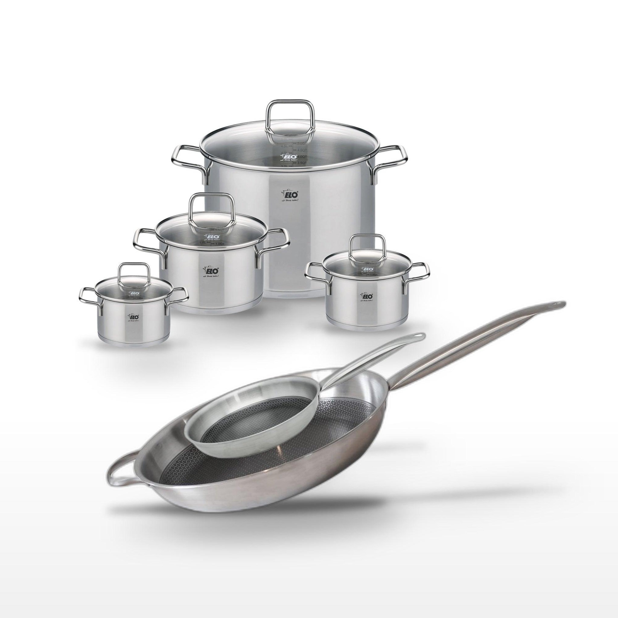 ELO Batterie de cuisine avec 2 poêles 24/32 cm et 4 faitouts 14/16/20/26 cm sans pfas elo collection relief solution citrin