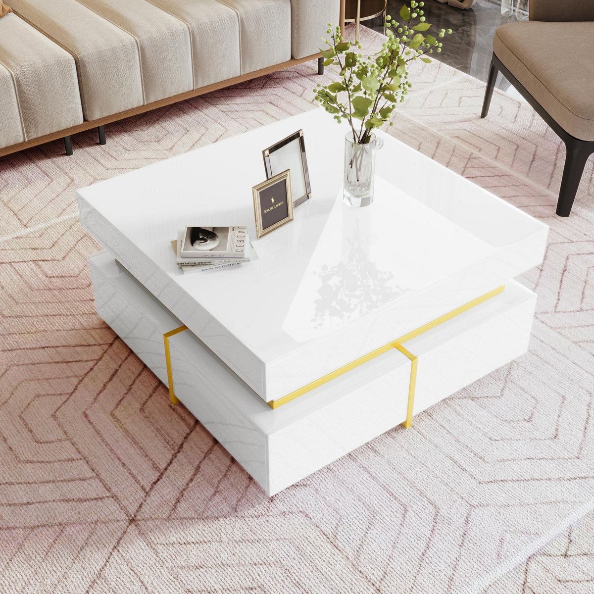 MERAX Table Basse Carrée Brillante Avec 2 Tiroirs Blanc pas cher ...