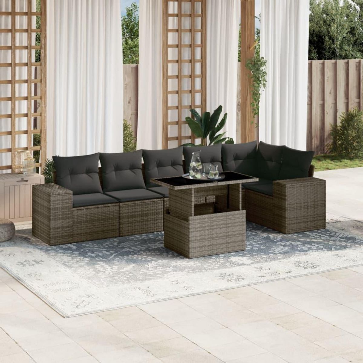 VIDAXL Salon de jardin avec coussins 7 pcs gris resine tressee