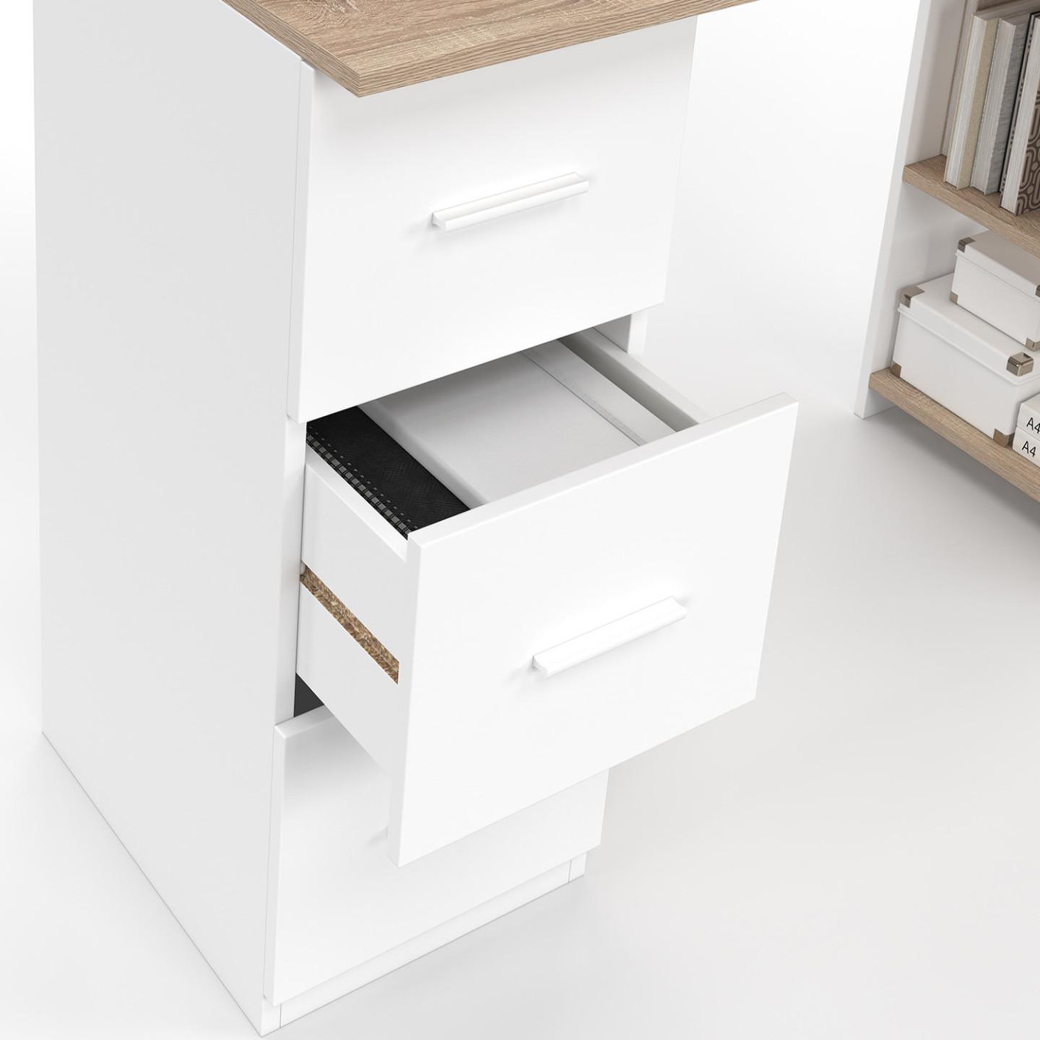 Voir la diapositive 5 : ID MARKET Bureau droit mae 3 tiroirs avec étagères de rangement blanc et bois