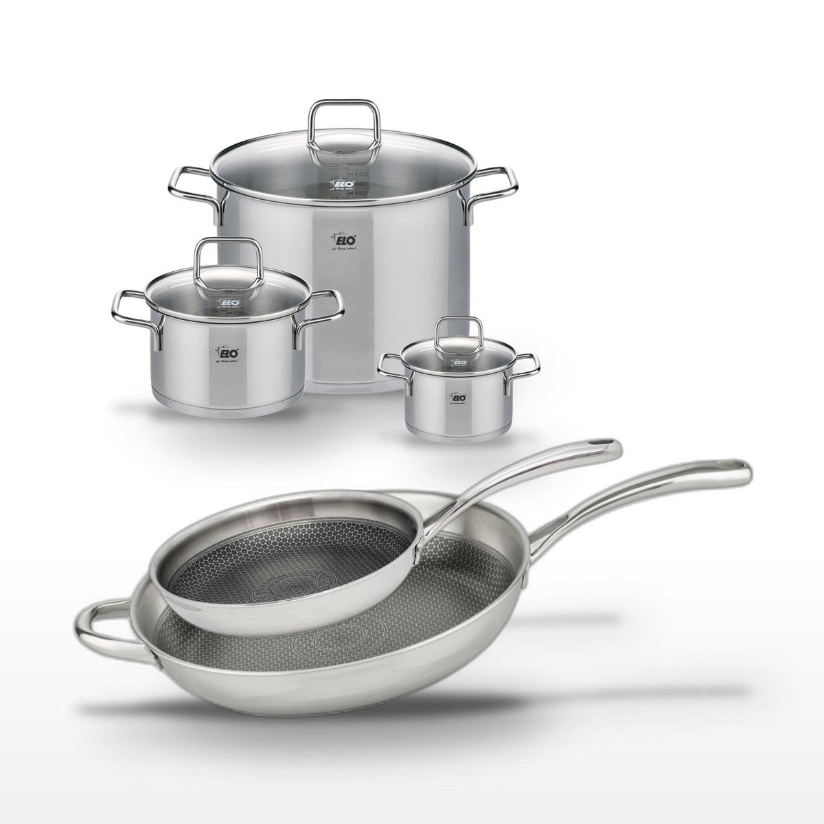 ELO Lot de 2 Poêles 28/32 cm et 3 Faitouts 14/20/26 cm Elo Relief Evolution