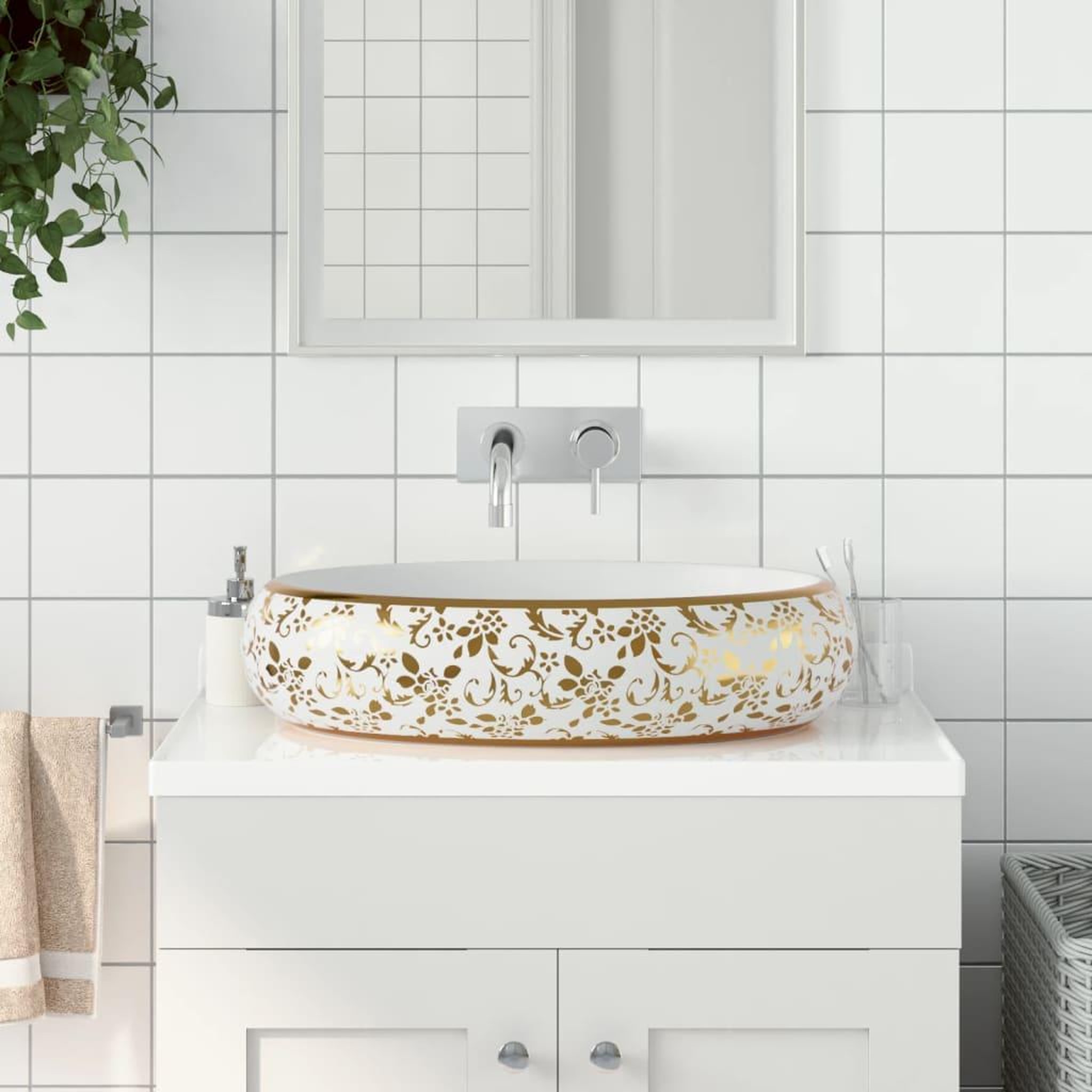 VIDAXL Vasque a poser blanc et dore ovale 59x40x15 cm ceramique