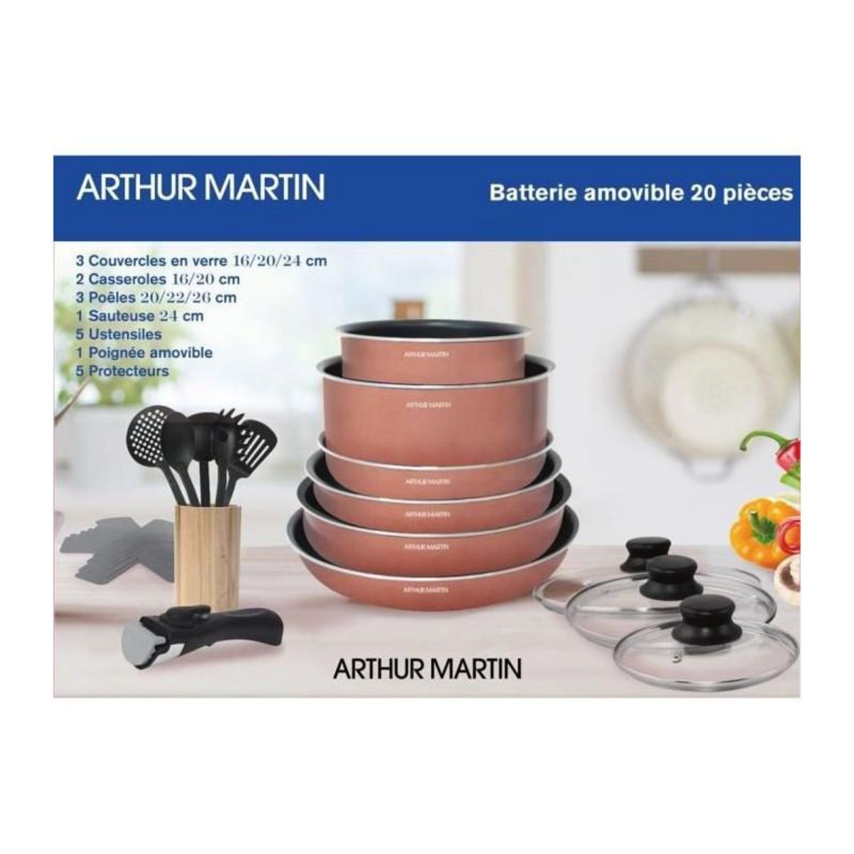Arthur Martin Batterie de cuisine 20 pieces Arthur Martin - aluminium - poignée amovible - tous feux dont induction