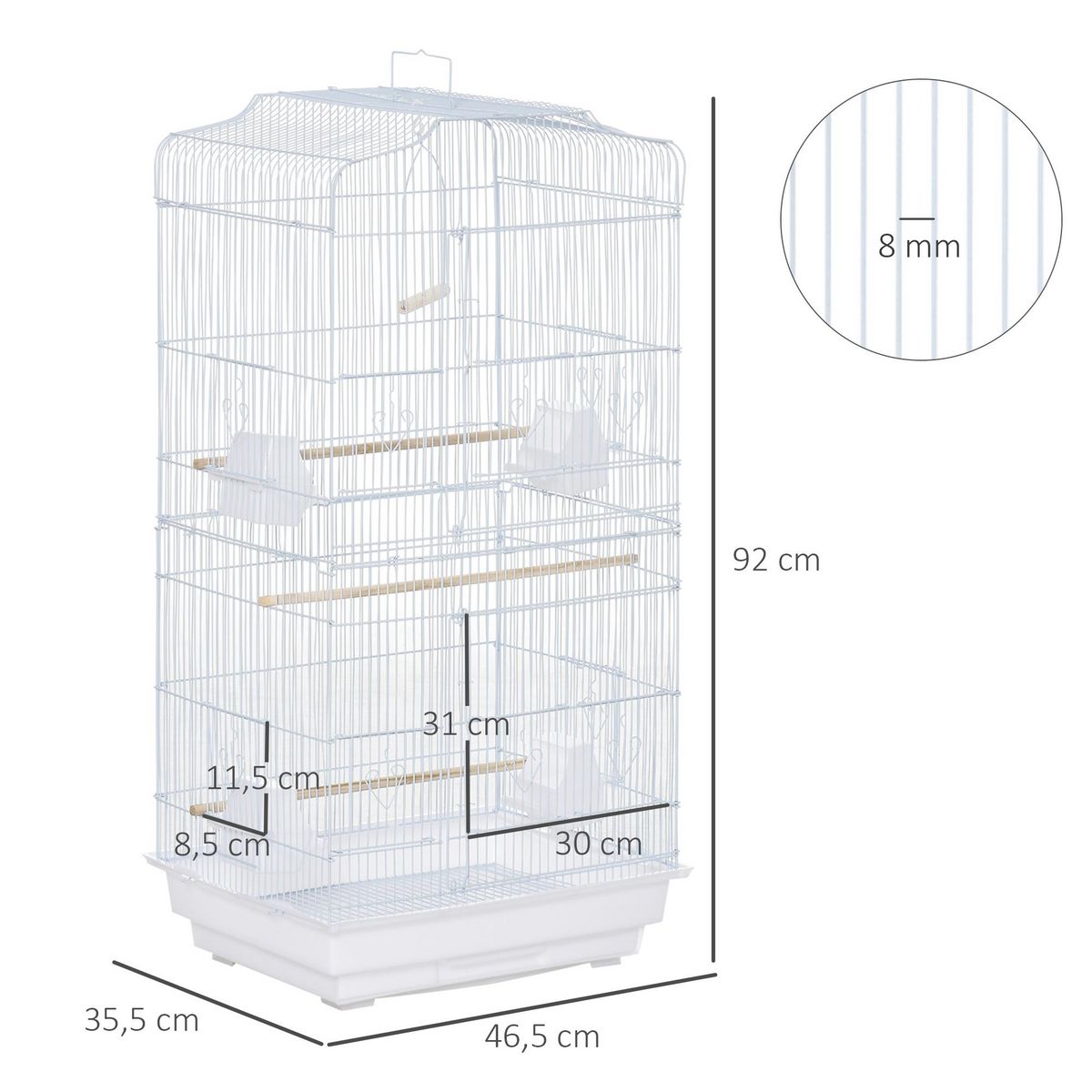 PAWHUT Cage à oiseaux volière avec mangeoires perchoirs plateau amovible 2 portes dim. 46,5L x 35,5l x 92H cm métal blanc