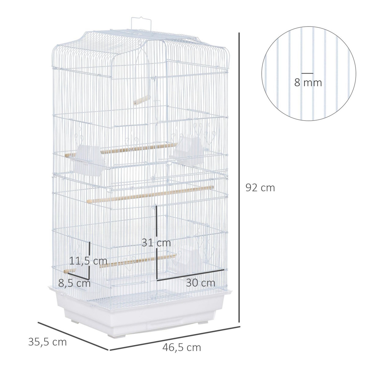 PAWHUT Cage à oiseaux volière avec mangeoires perchoirs plateau amovible 2 portes dim. 46,5L x 35,5l x 92H cm métal blanc