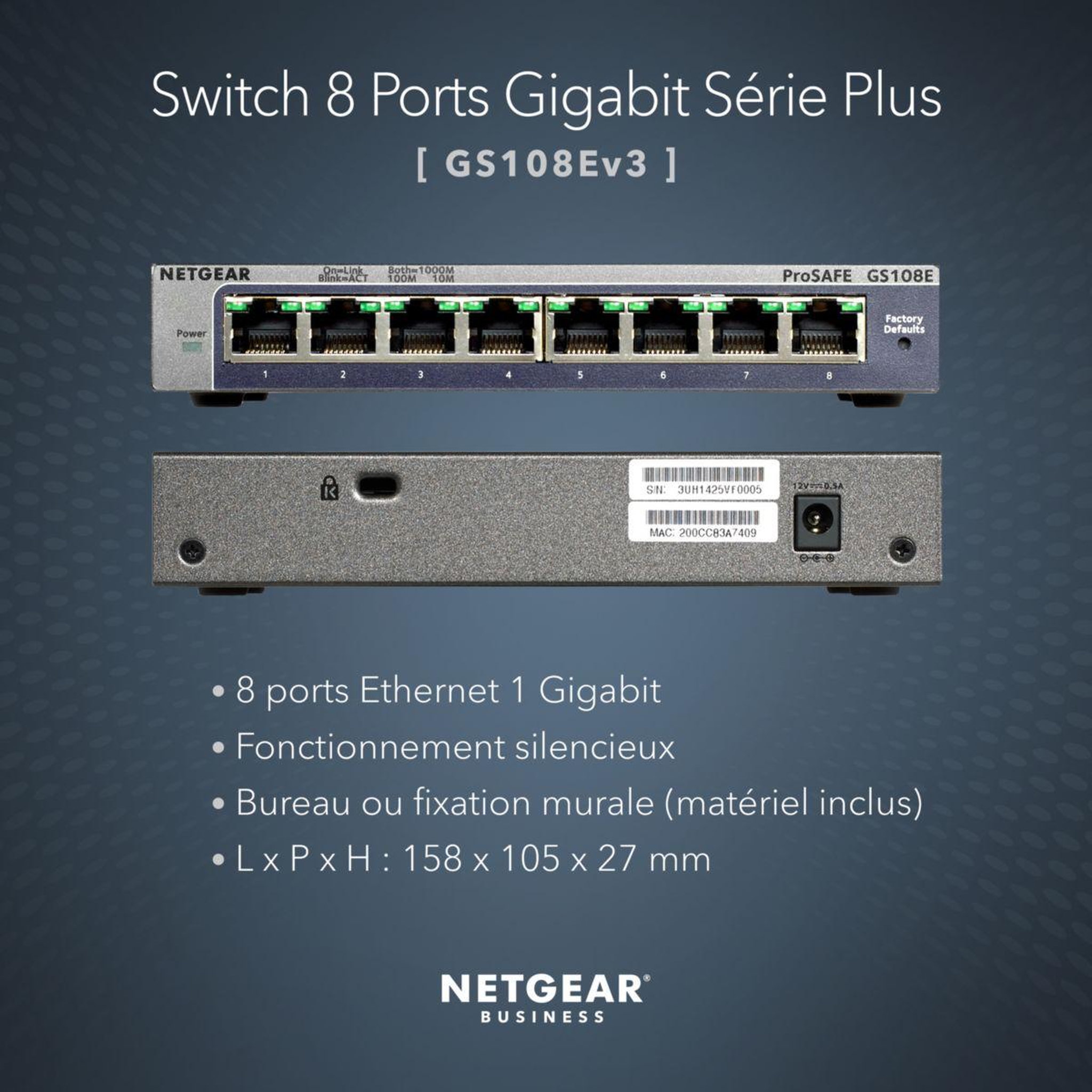 Voir la diapositive 2 : Netgear Switch ethernet GS108E-400EUS métal 8 Ports Gigabit