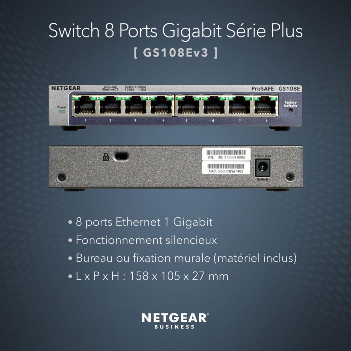 Netgear Switch ethernet GS108E-400EUS métal 8 Ports Gigabit