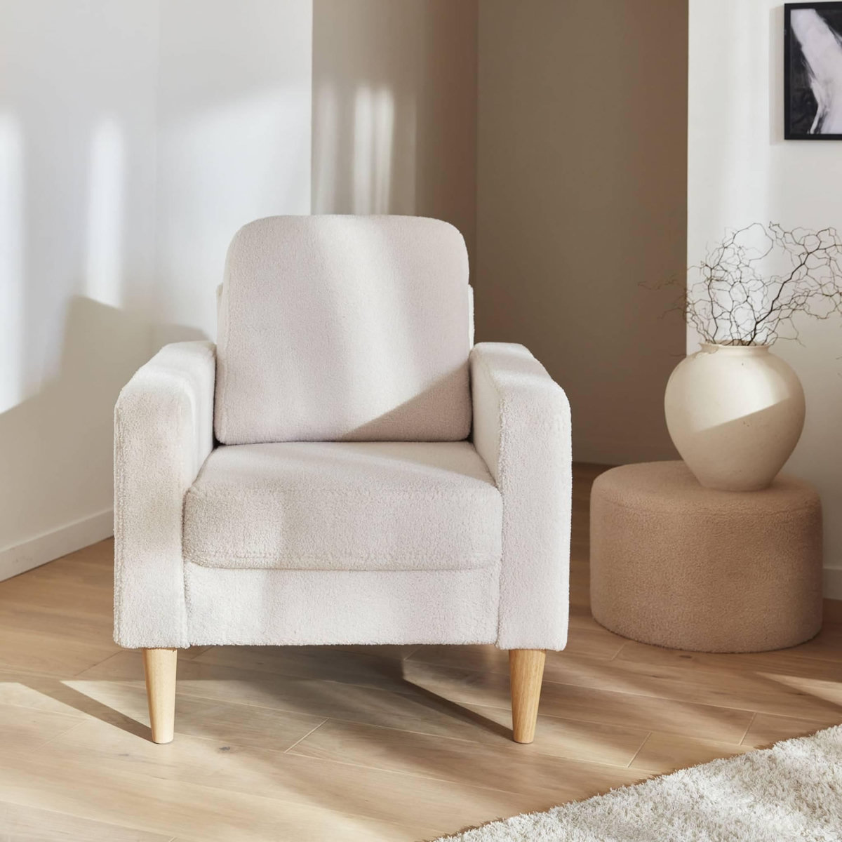 SWEEEK Fauteuil à bouclettes blanc cassé. scandinave  - Bjorn - Canapé 1 place fixe droit pieds bois