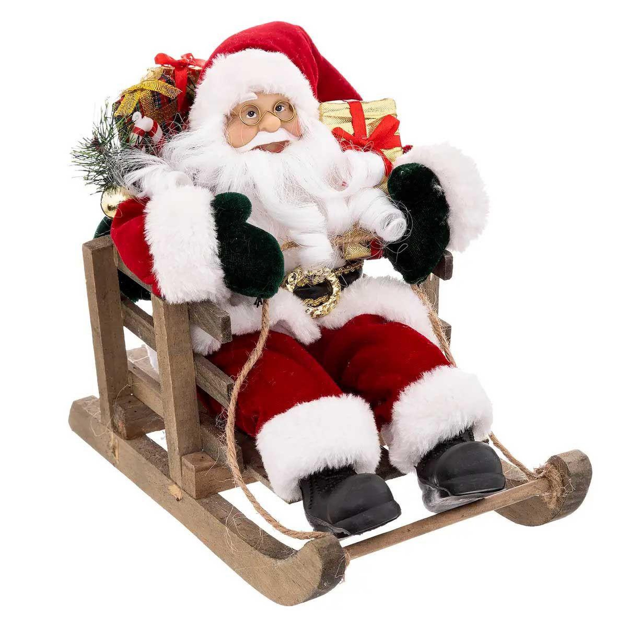 ATMOSPHERA Père noël sur luge déco  velours  26cm rouge