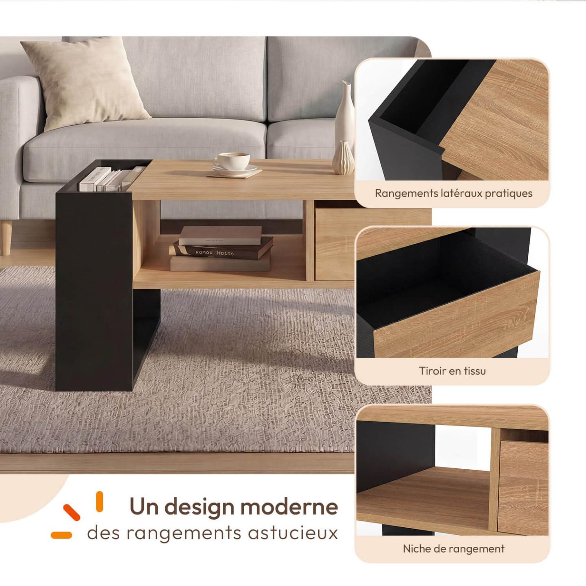 Voir la diapositive 6 : ID MARKET Table basse rectangulaire beryl avec tiroir bois noir et façon hêtre