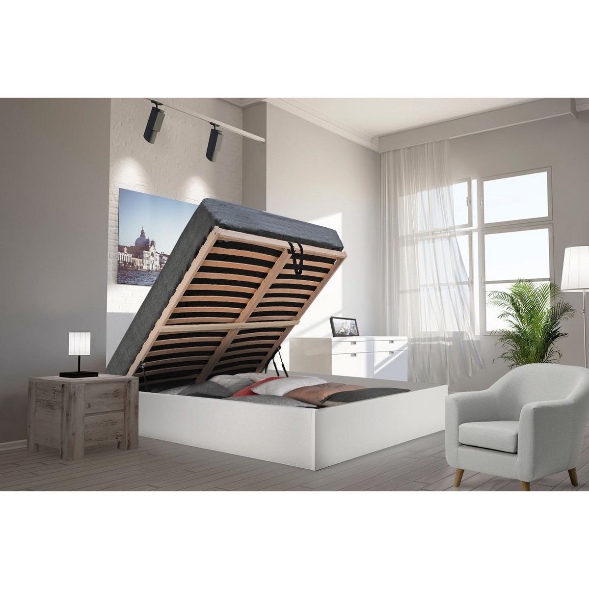 Ensemble Lit coffre avec tête de lit et sommier relevable  140x190 cm BARCELONA + matelas 140x190 cm DIONE