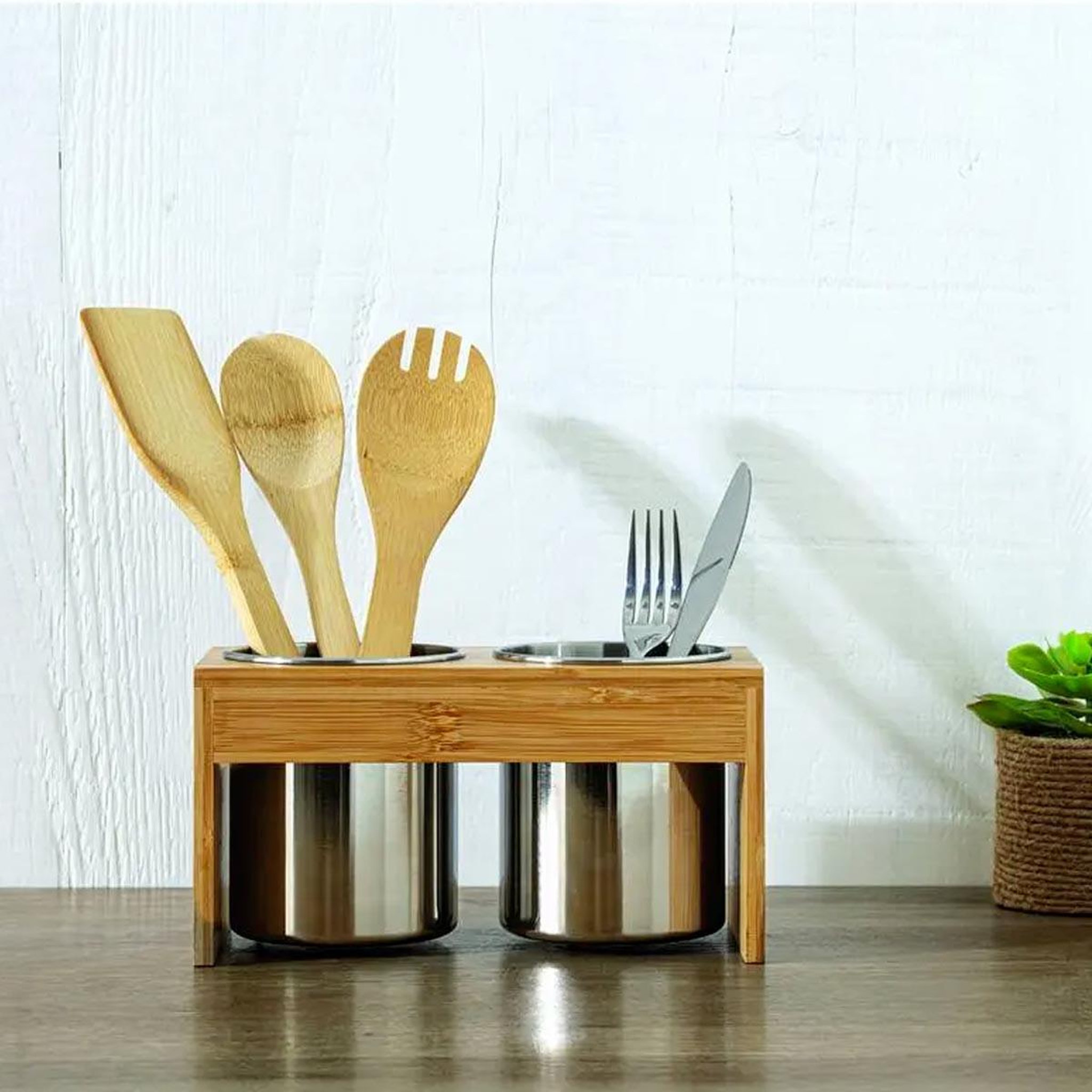 Voir la diapositive 4 : FIVE Lot de 2 Pots à Ustensiles  Bambou  23cm Naturel