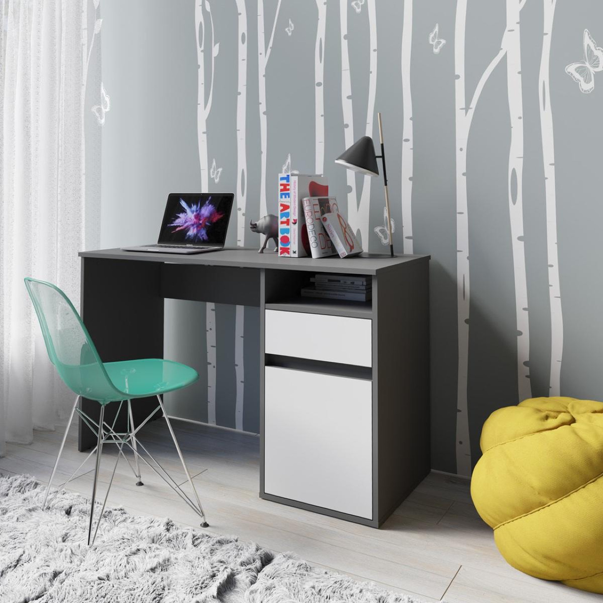 Voir la diapositive 2 : JLC KREATION Bureau moderne gris et blanc 120cm avec rangement ALBI