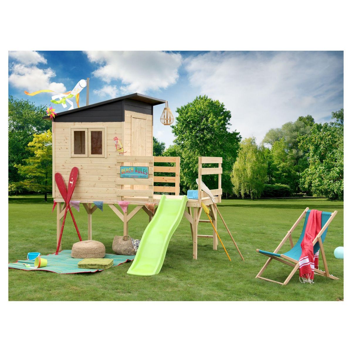Soulet Cabane de jardin pour enfant avec toboggan - Bois - H2.46m - PORTLAND