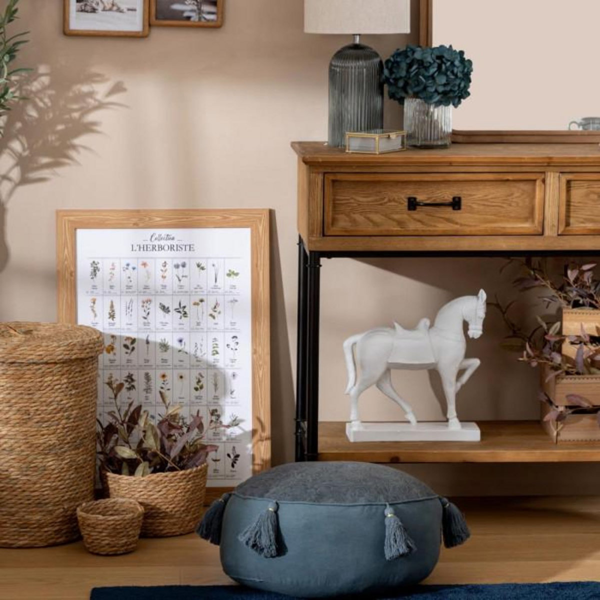 ATMOSPHERA Coussin de Sol Pompons  Little Cottage  43cm Bleu