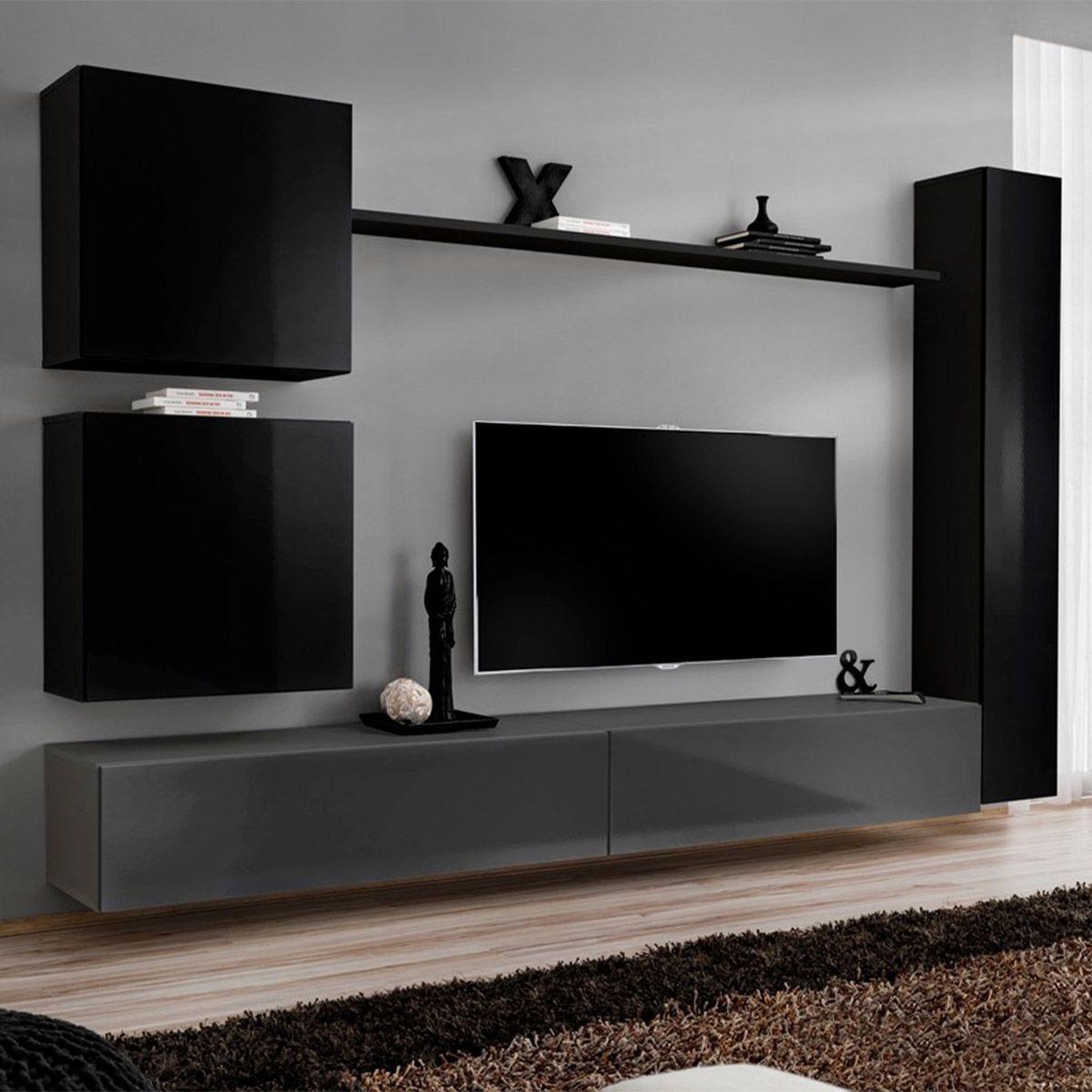 Voir la diapositive 1 : Paris Prix Meuble tv mural design  switch viii  280cm noir & gris