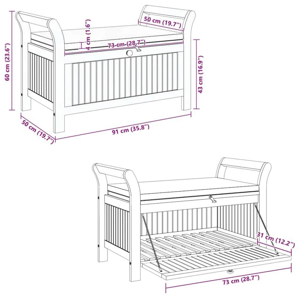 VIDAXL Banc de rangement de jardin avec coussin 91 cm Bois d'acacia