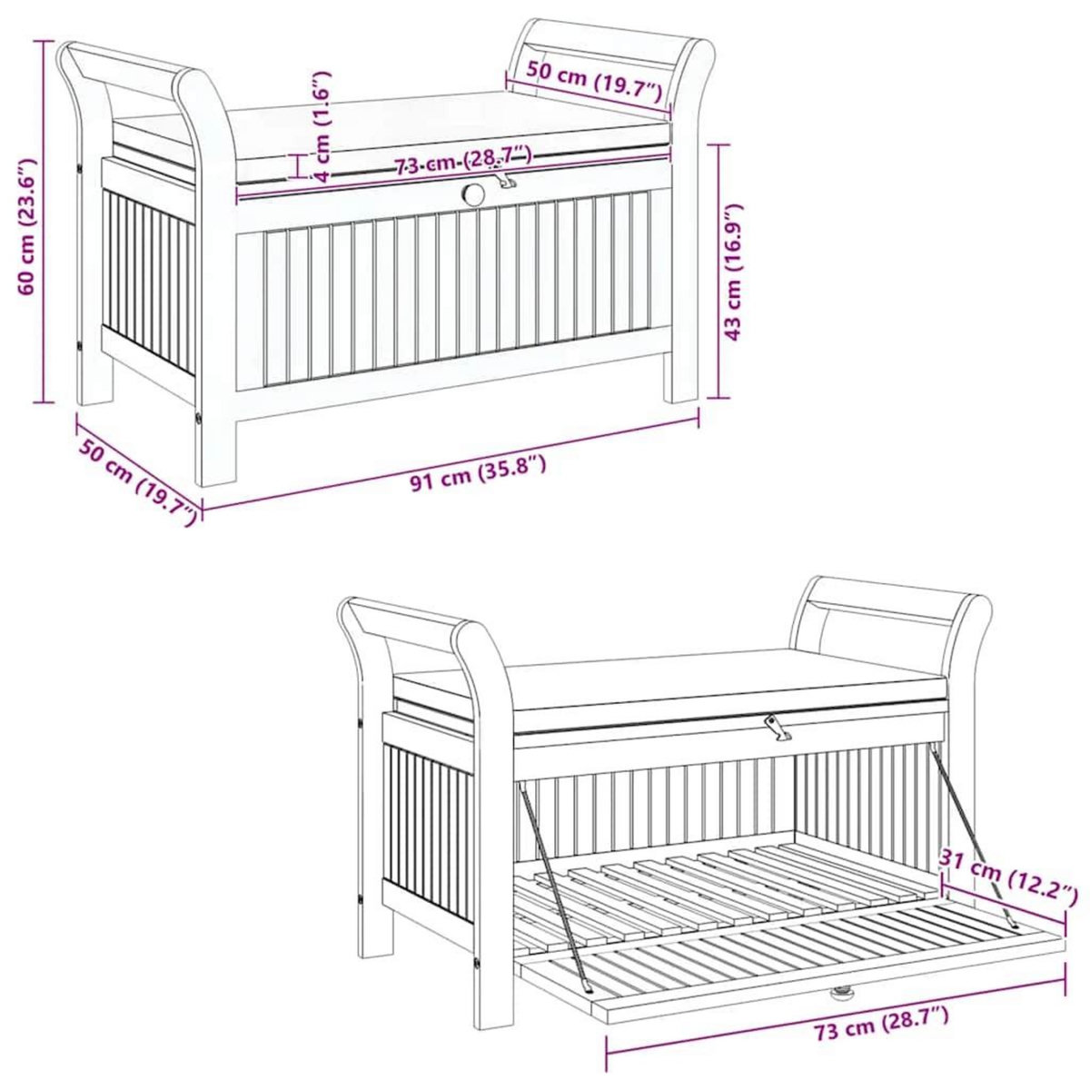 VIDAXL Banc de rangement de jardin avec coussin 91 cm Bois d'acacia